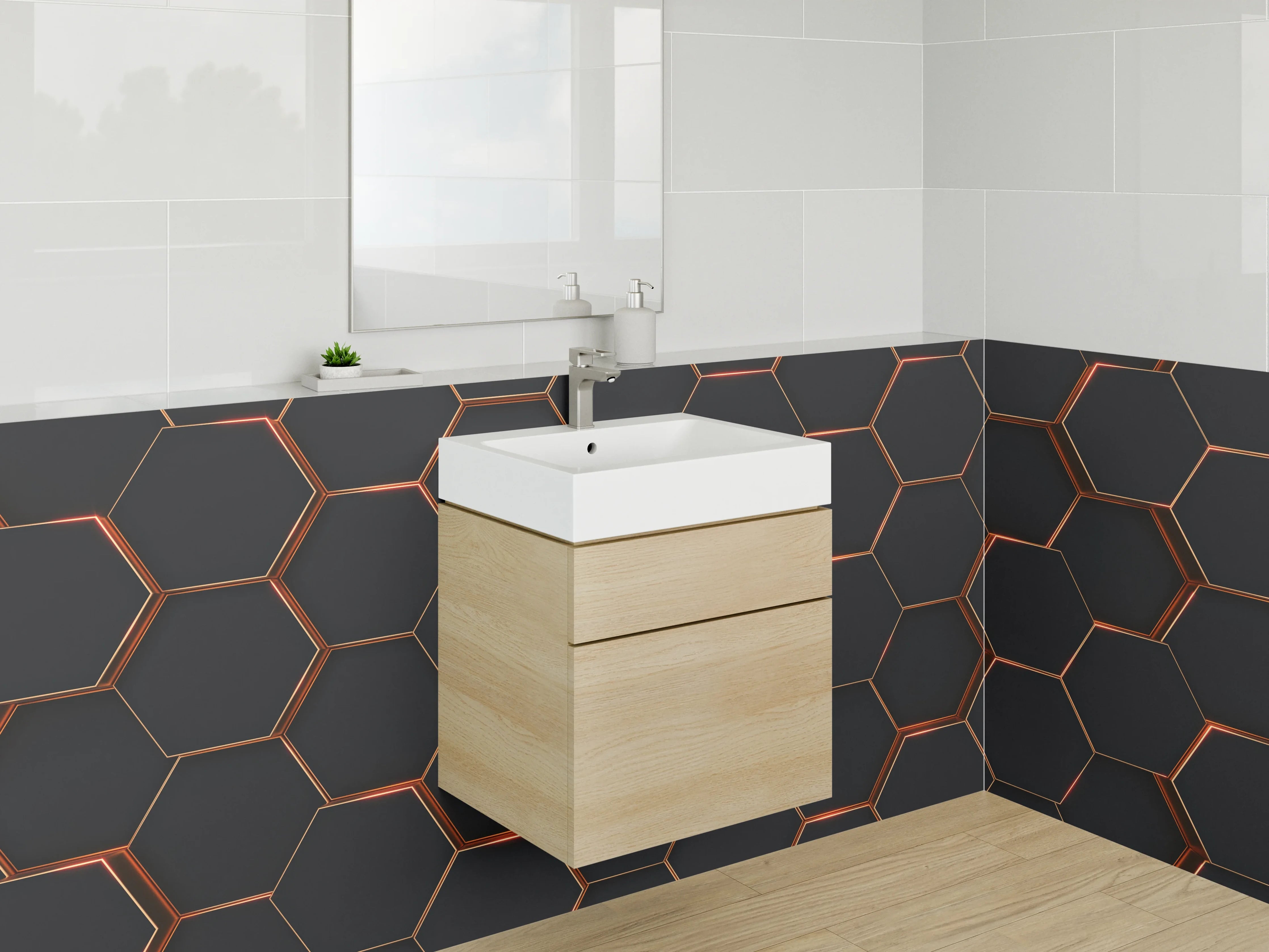 Waschbecken-Rückwand - Hexagon Muster in Schwarz Metallic