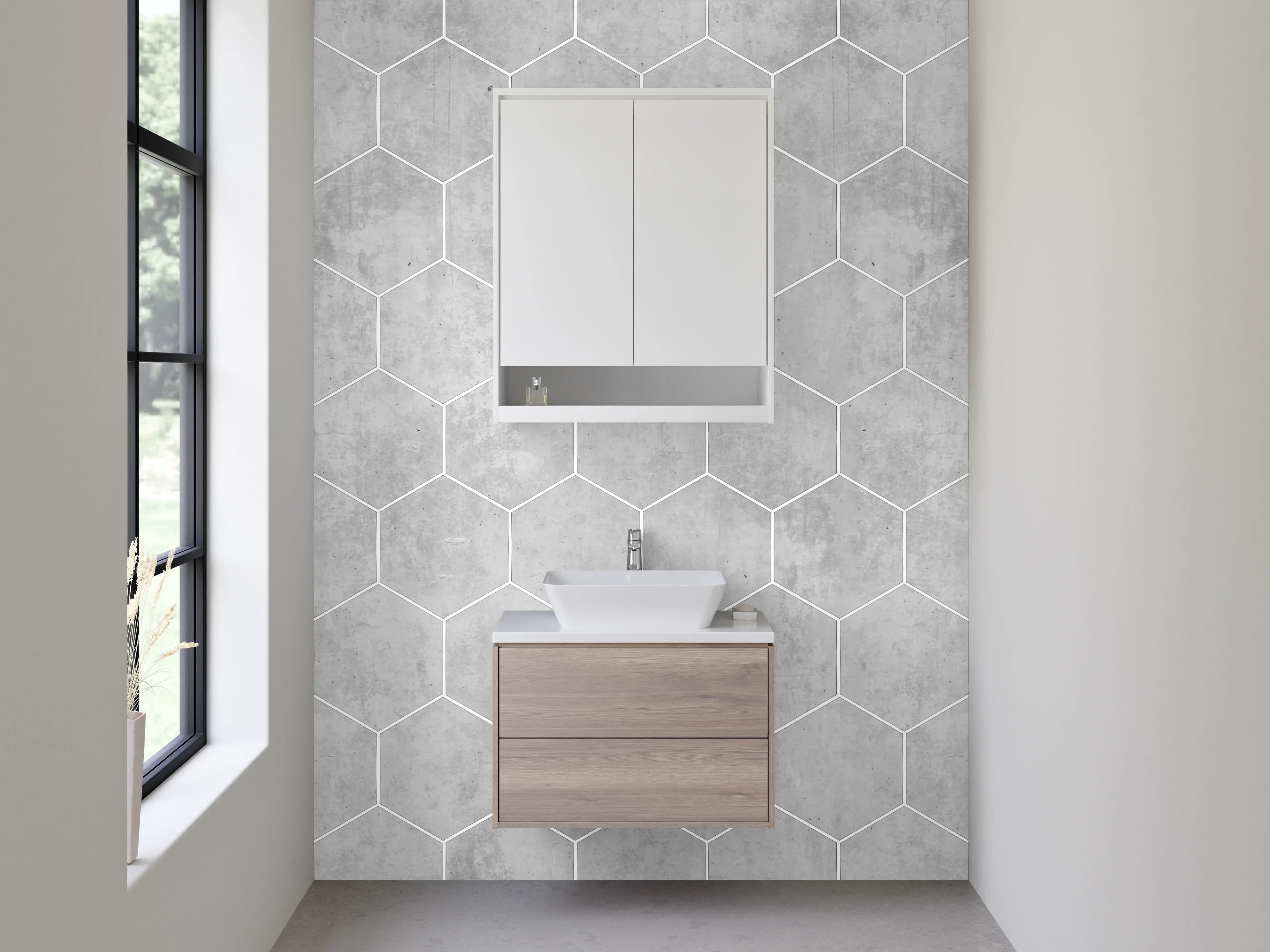 Waschbecken-Rückwand - Hexagon Muster in Weiß und Grau