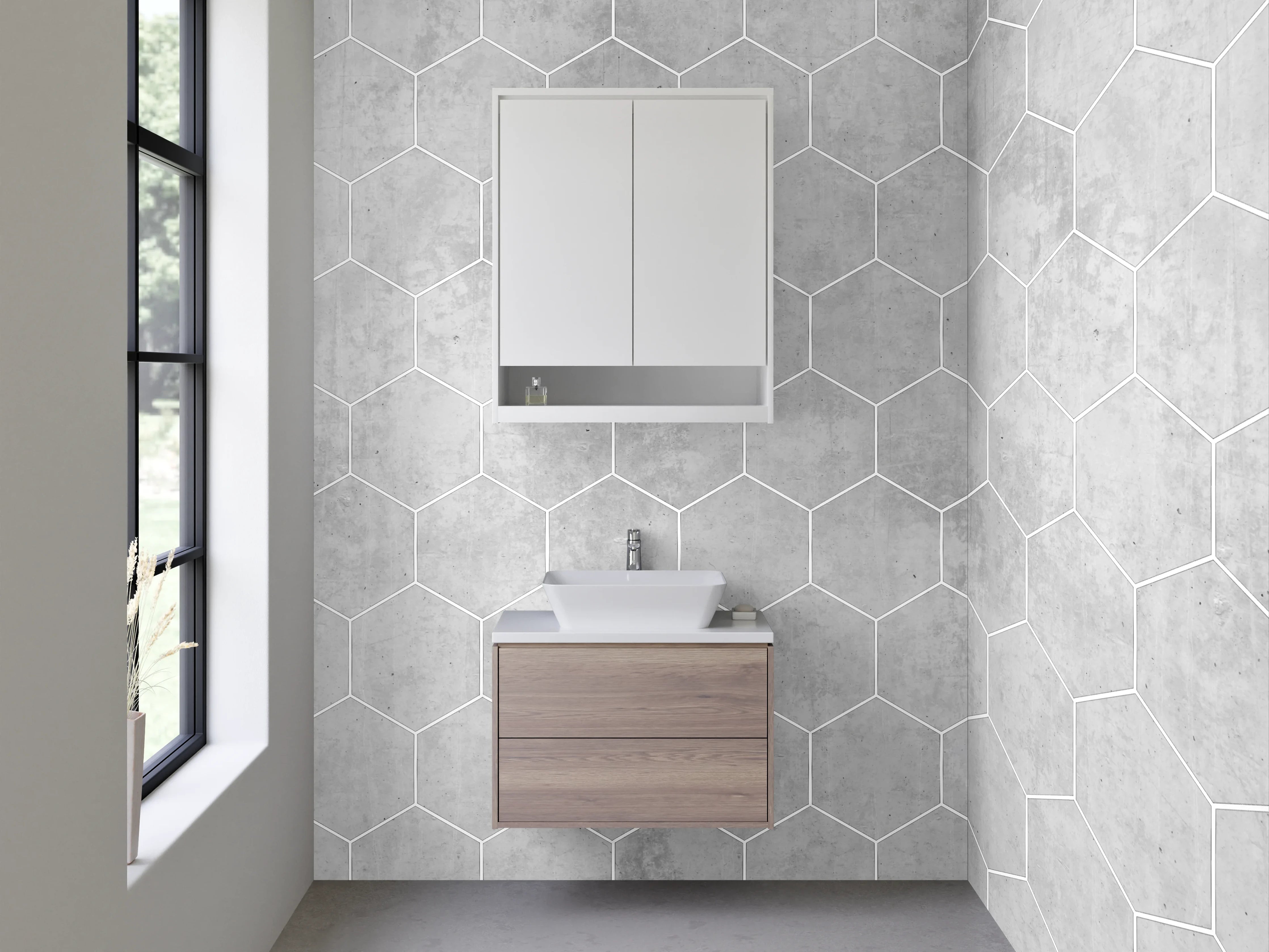 Waschbecken-Rückwand - Hexagon Muster in Weiß und Grau