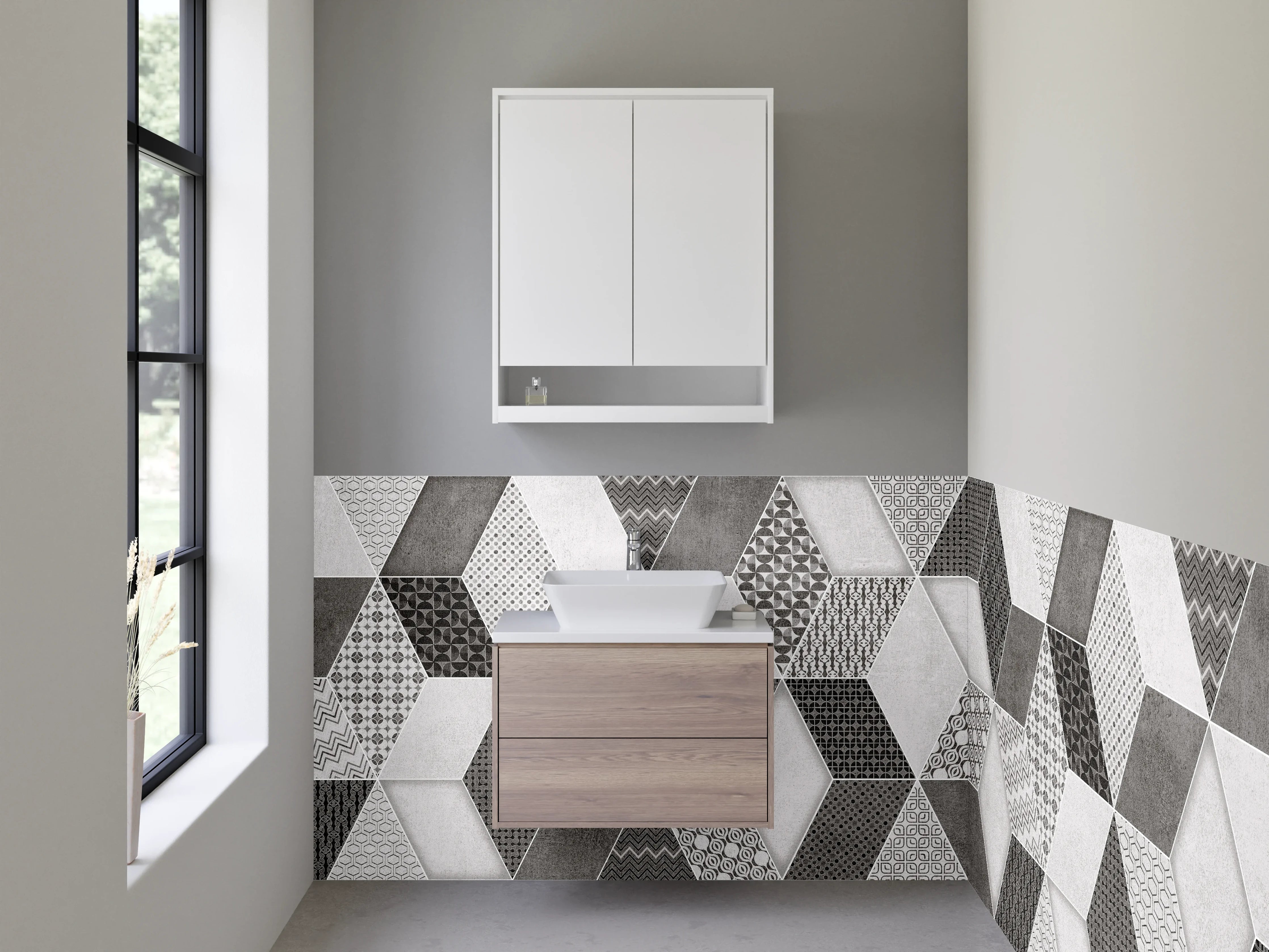 Waschbecken-Rückwand - Hexagon-Optik Fliesen Schwarz-Weiß Muster