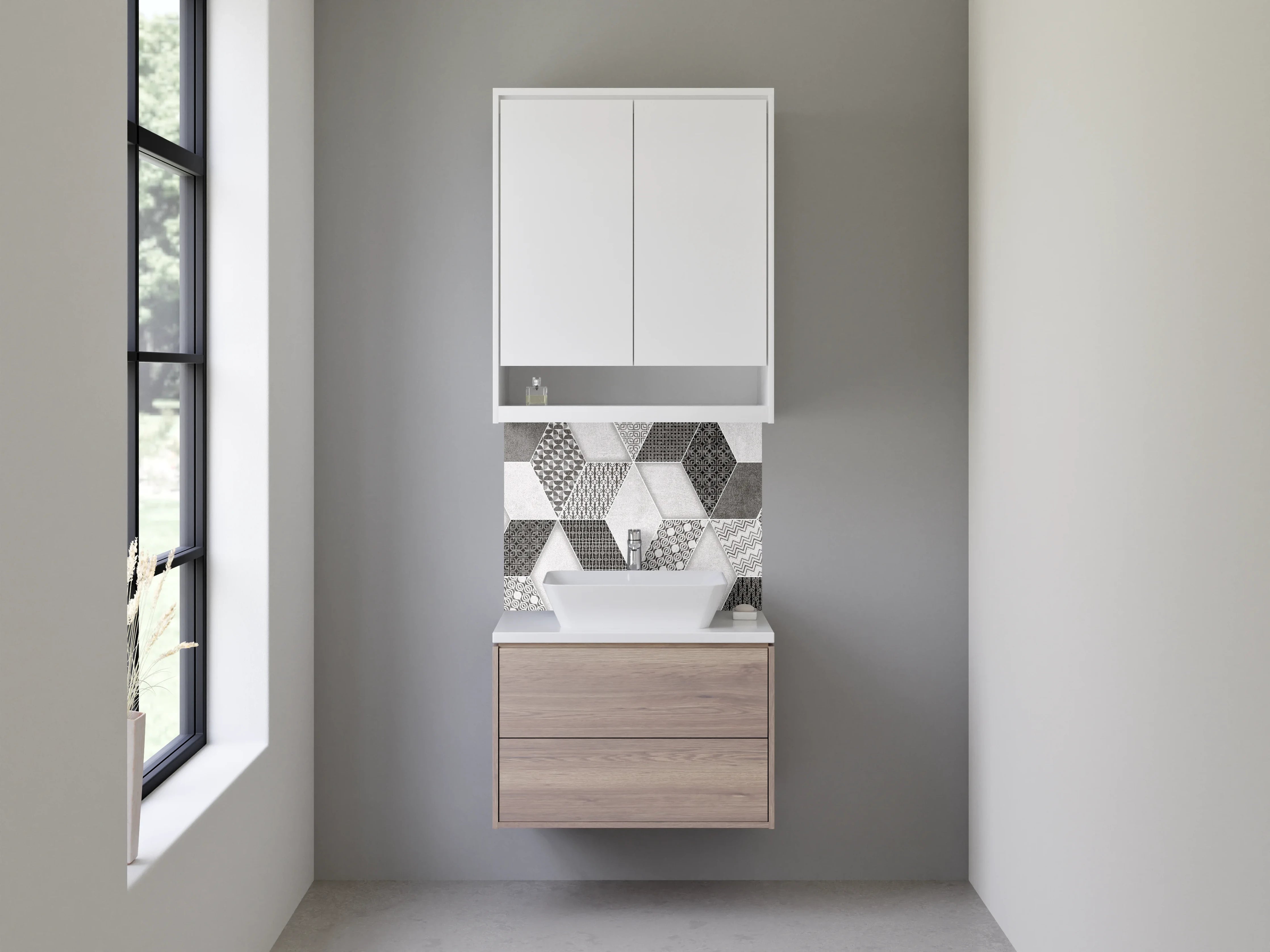 Waschbecken-Rückwand - Hexagon-Optik Fliesen Schwarz-Weiß Muster