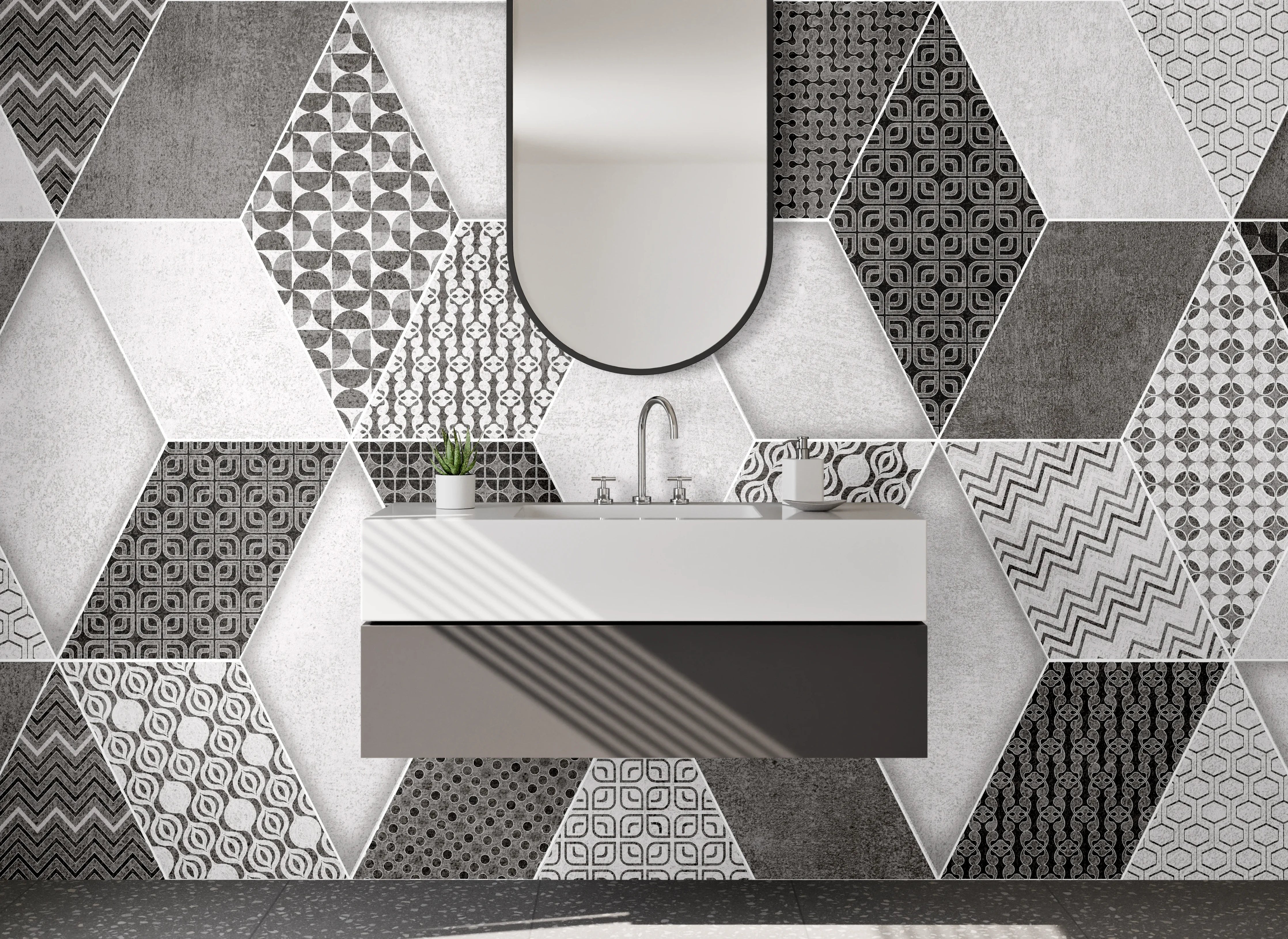 Waschbecken-Rückwand - Hexagon-Optik Fliesen Schwarz-Weiß Muster
