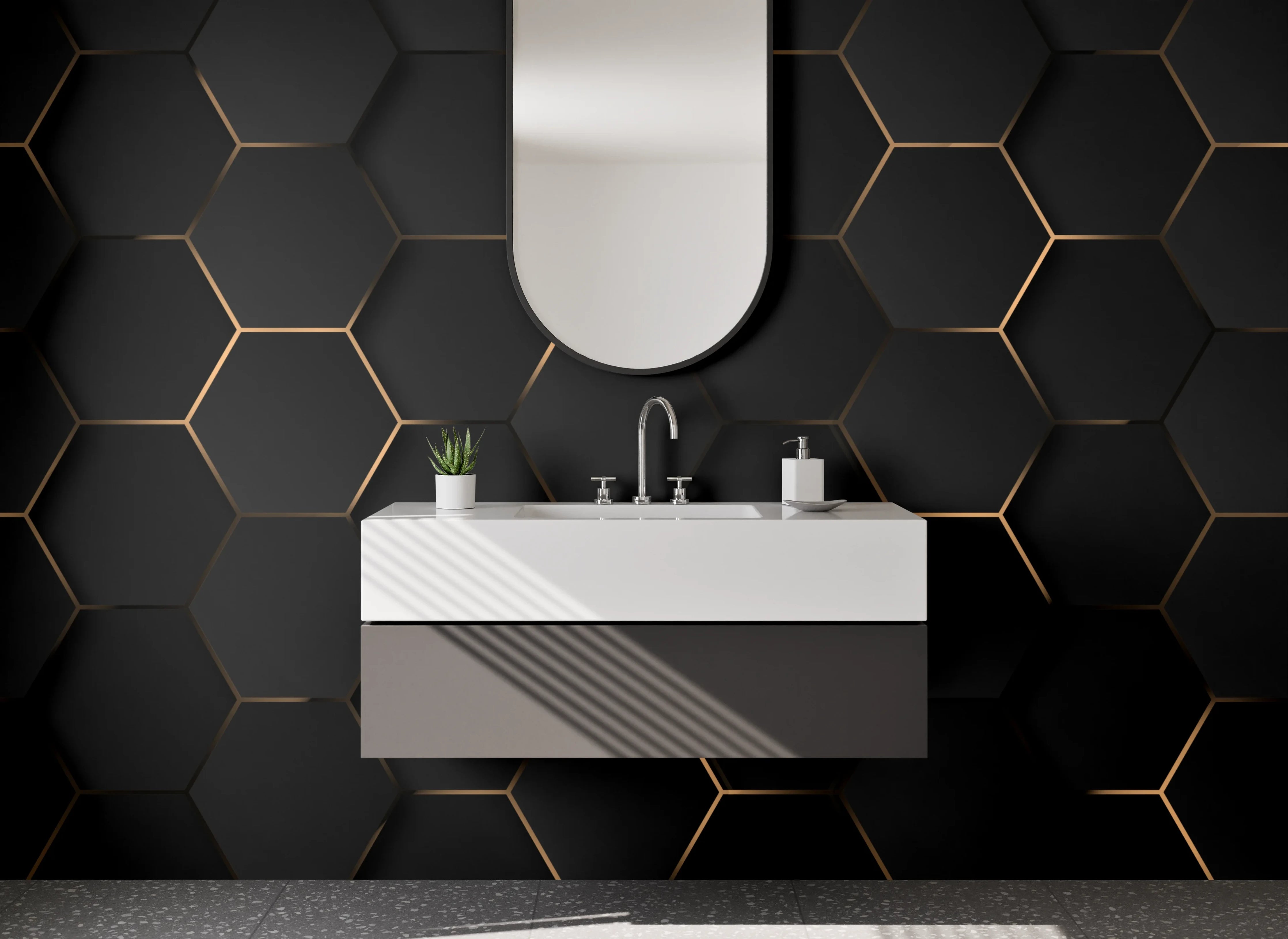Waschbecken-Rückwand - Hexagon Schwarz-Gold 3D-Optik
