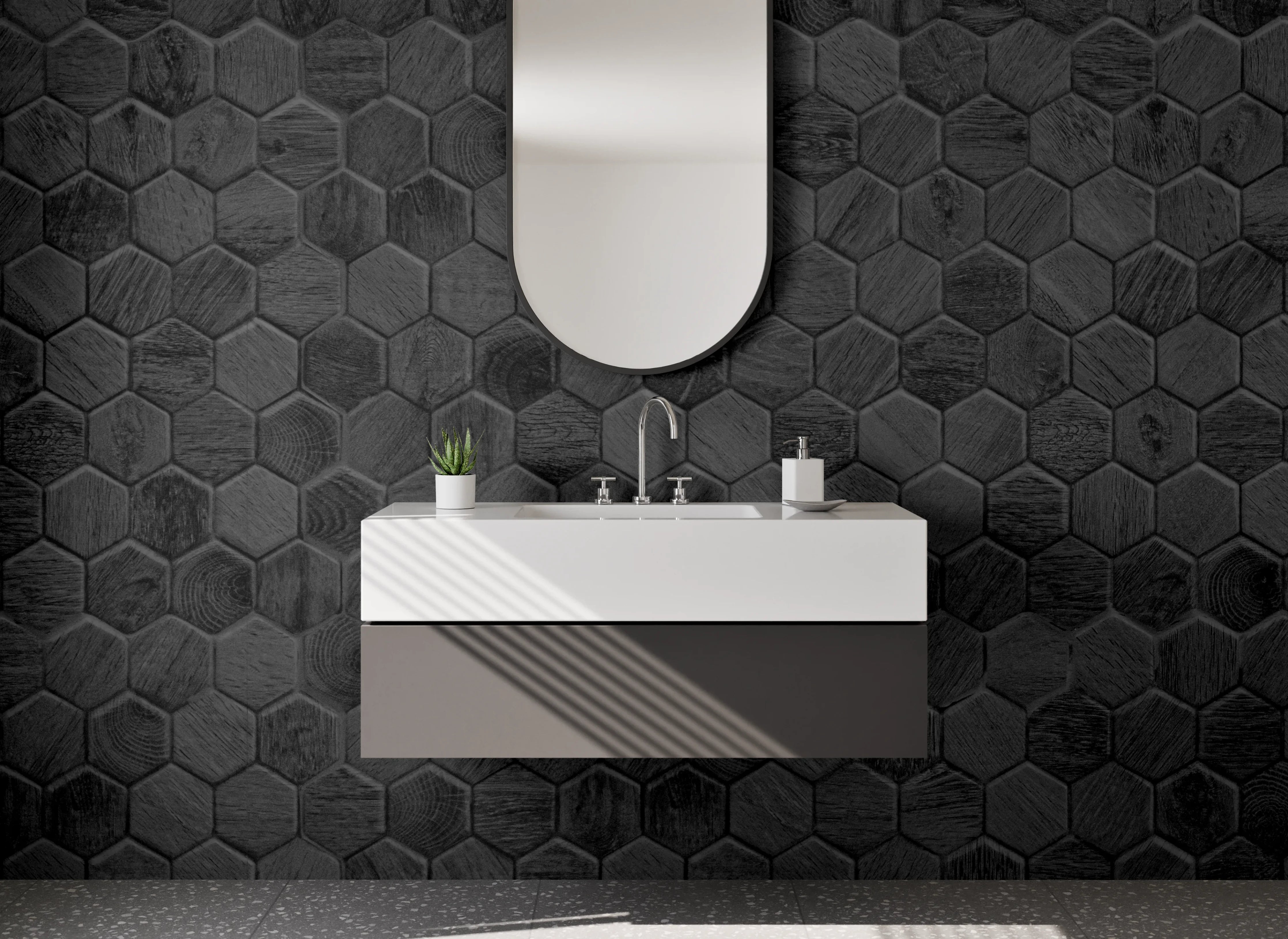Waschbecken-Rückwand - Hexagon Schwarzgrau Muster Fliesenoptik