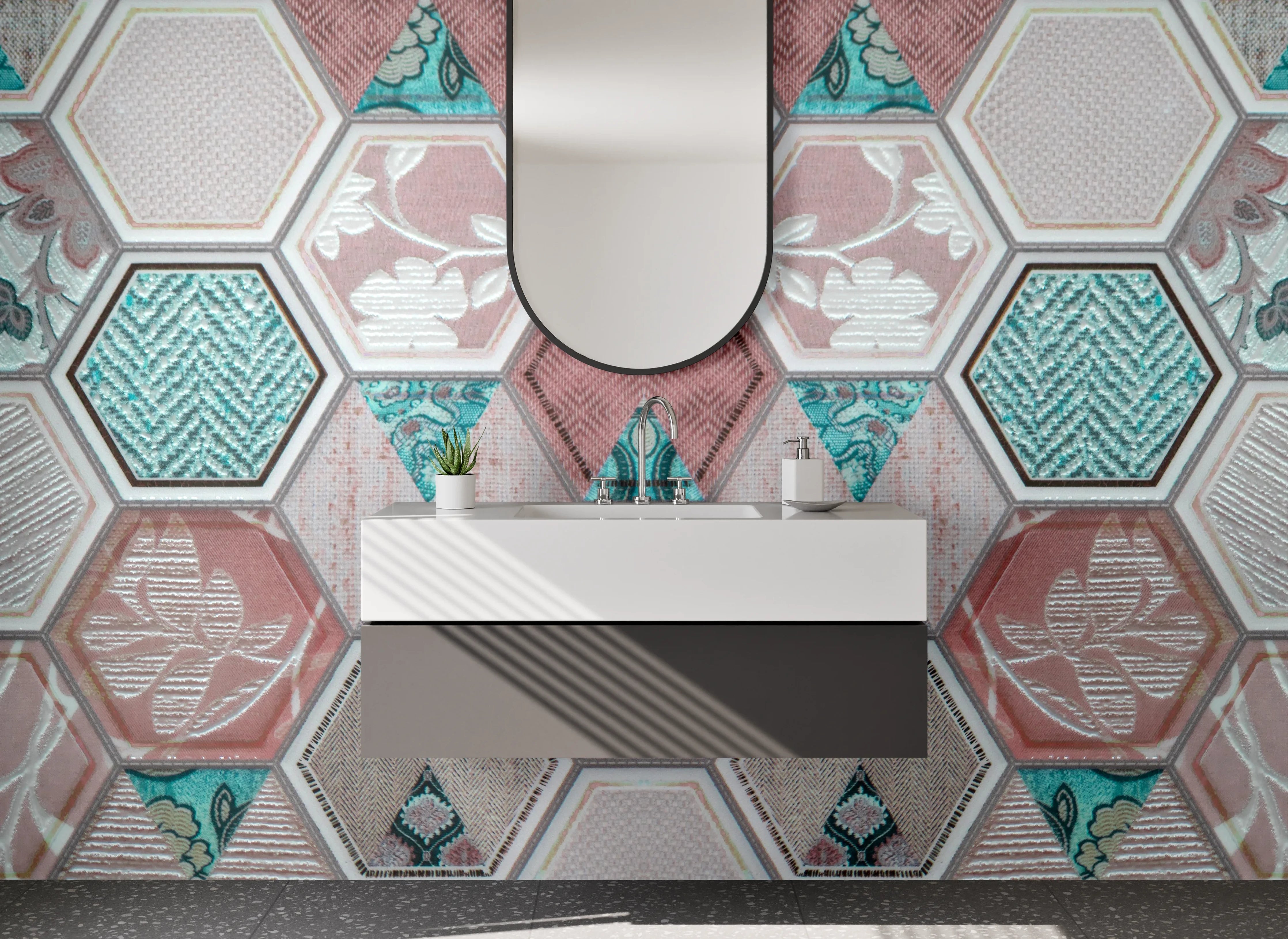 Waschbecken-Rückwand - Hexagon Vintage Mosaik Fliesenoptik