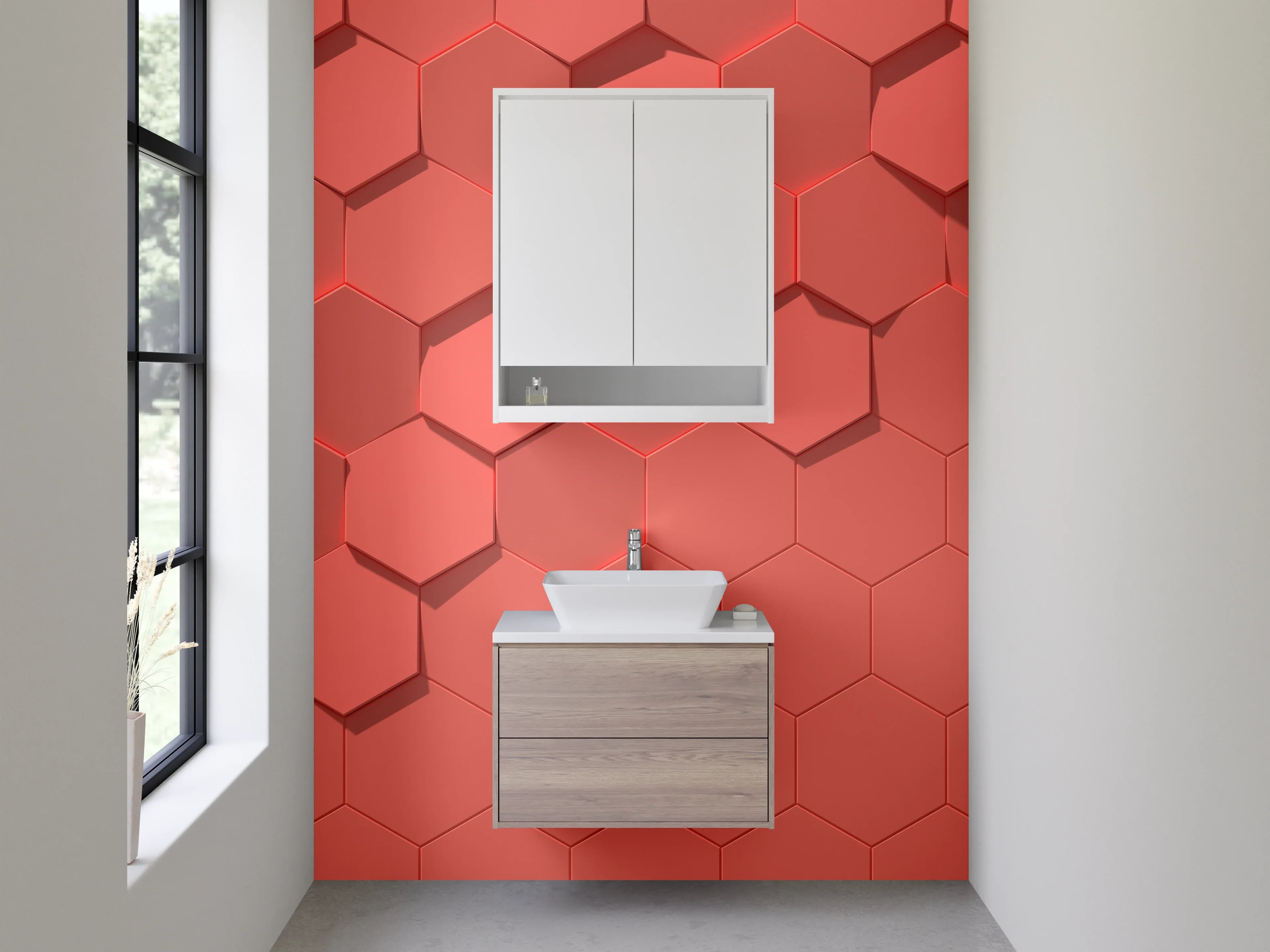 Waschbecken-Rückwand - Hexagon Wabenmuster in Lachsrosa