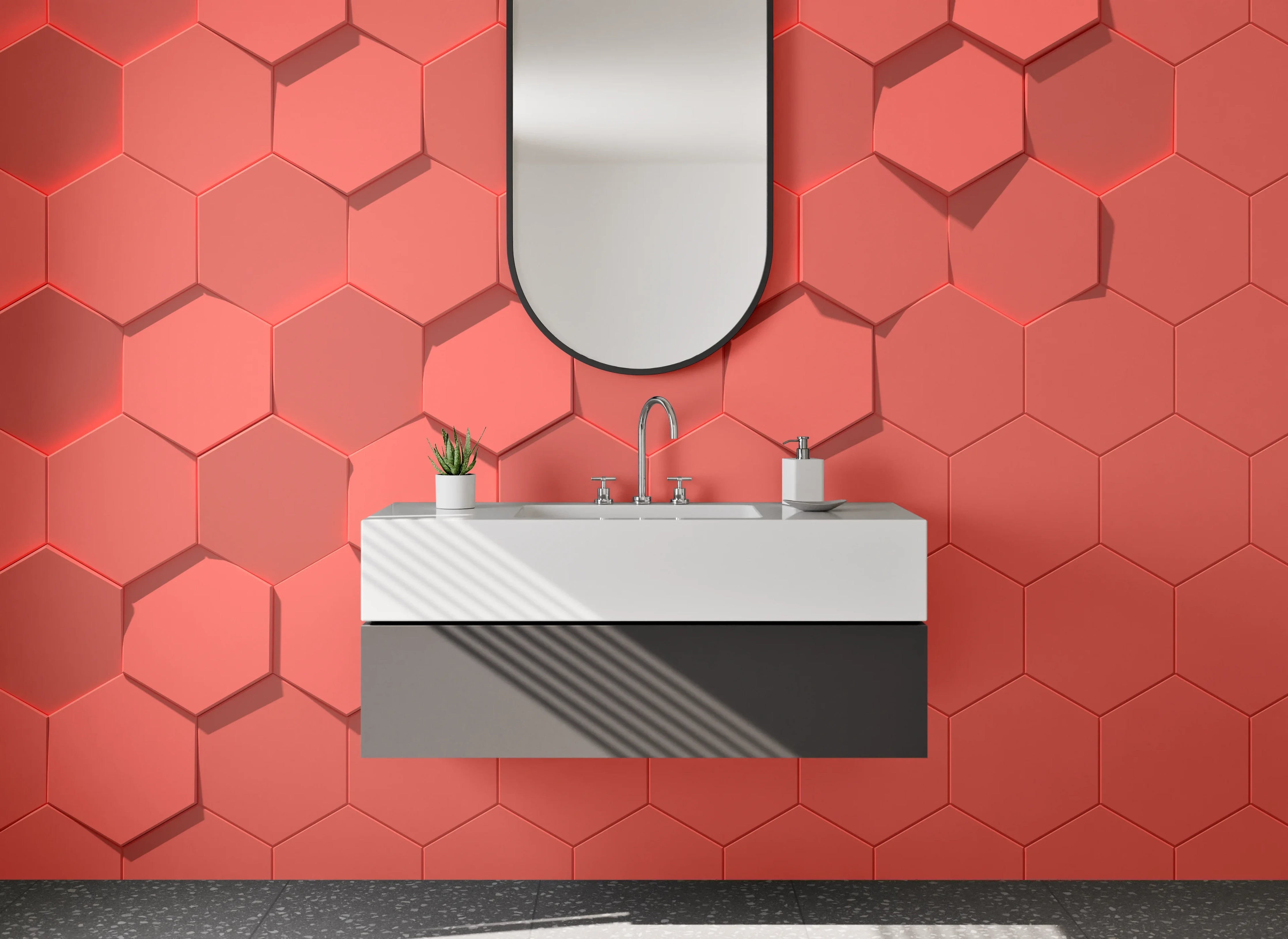 Waschbecken-Rückwand - Hexagon Wabenmuster in Lachsrosa