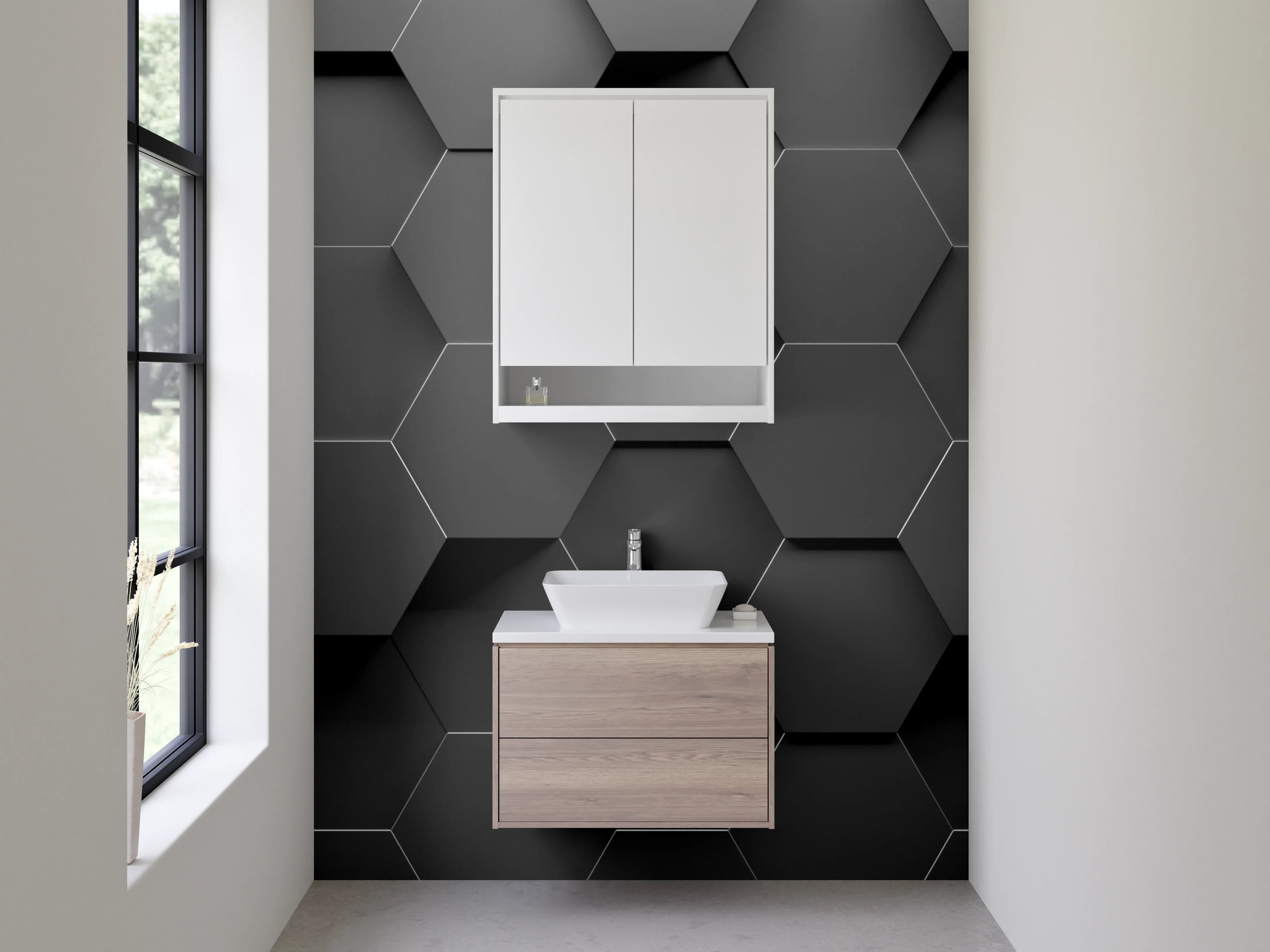 Waschbecken-Rückwand - Hexagon Wandmuster Schwarz Grau Modern