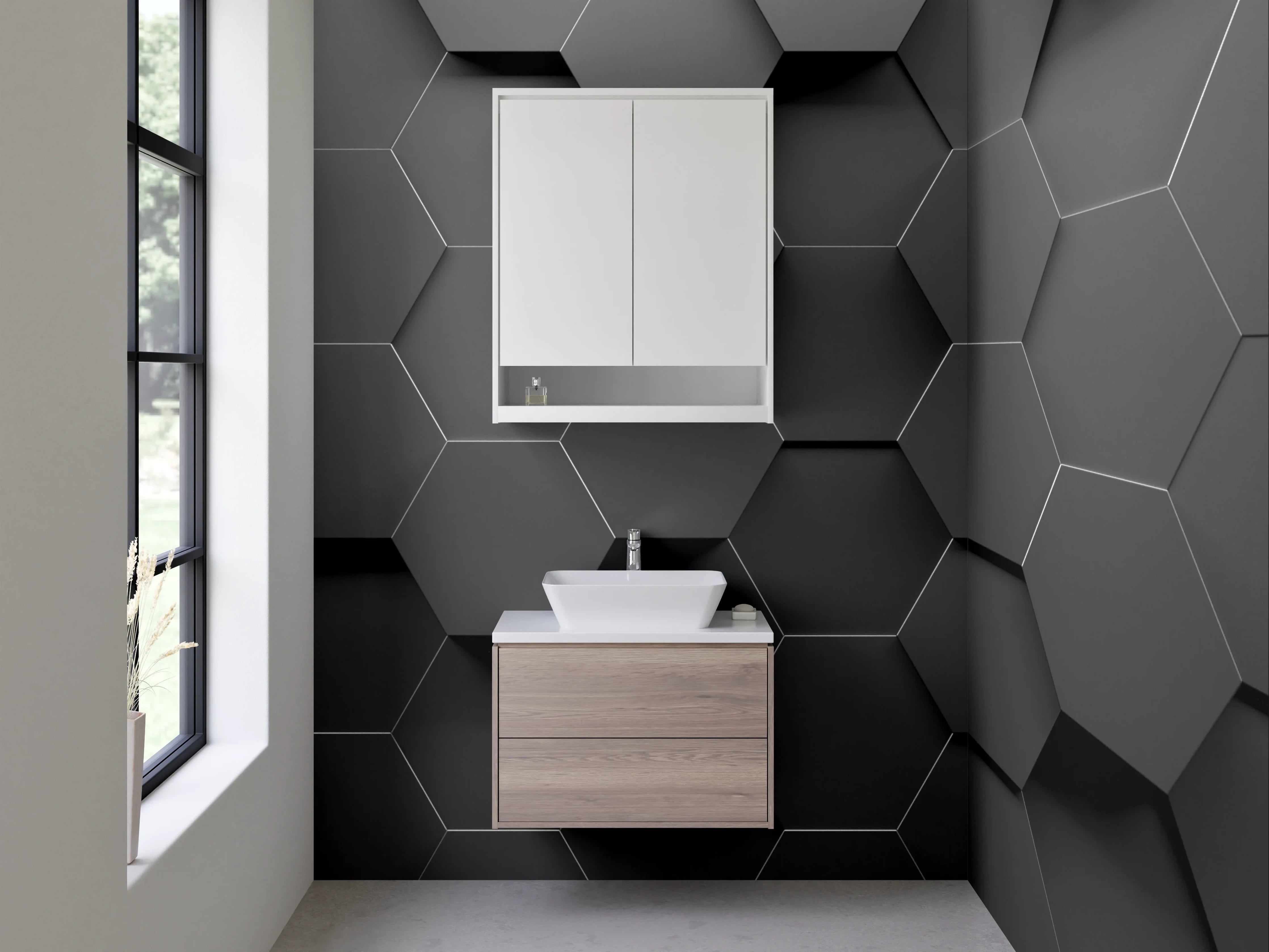 Waschbecken-Rückwand - Hexagon Wandmuster Schwarz Grau Modern