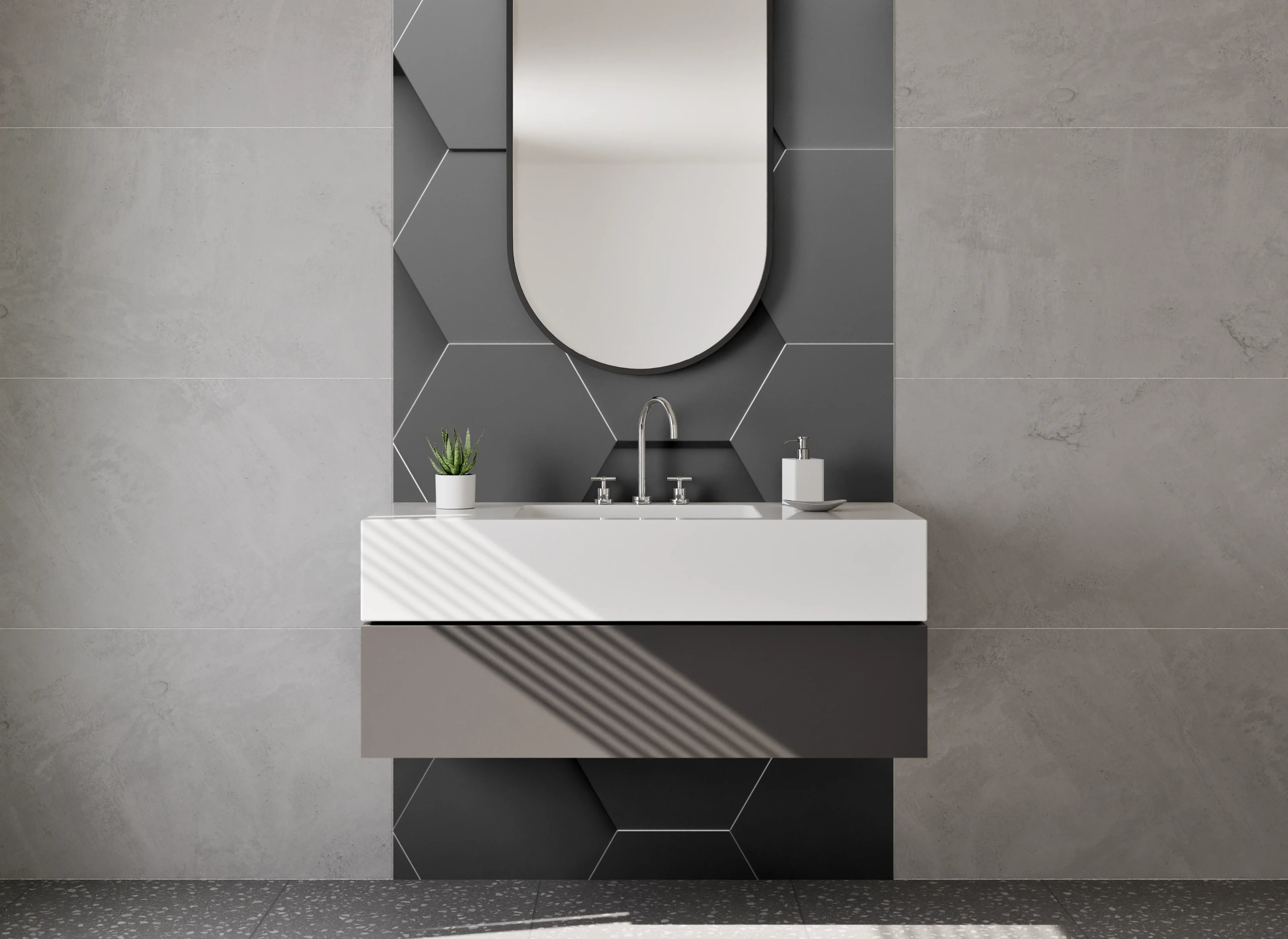 Waschbecken-Rückwand - Hexagon Wandmuster Schwarz Grau Modern