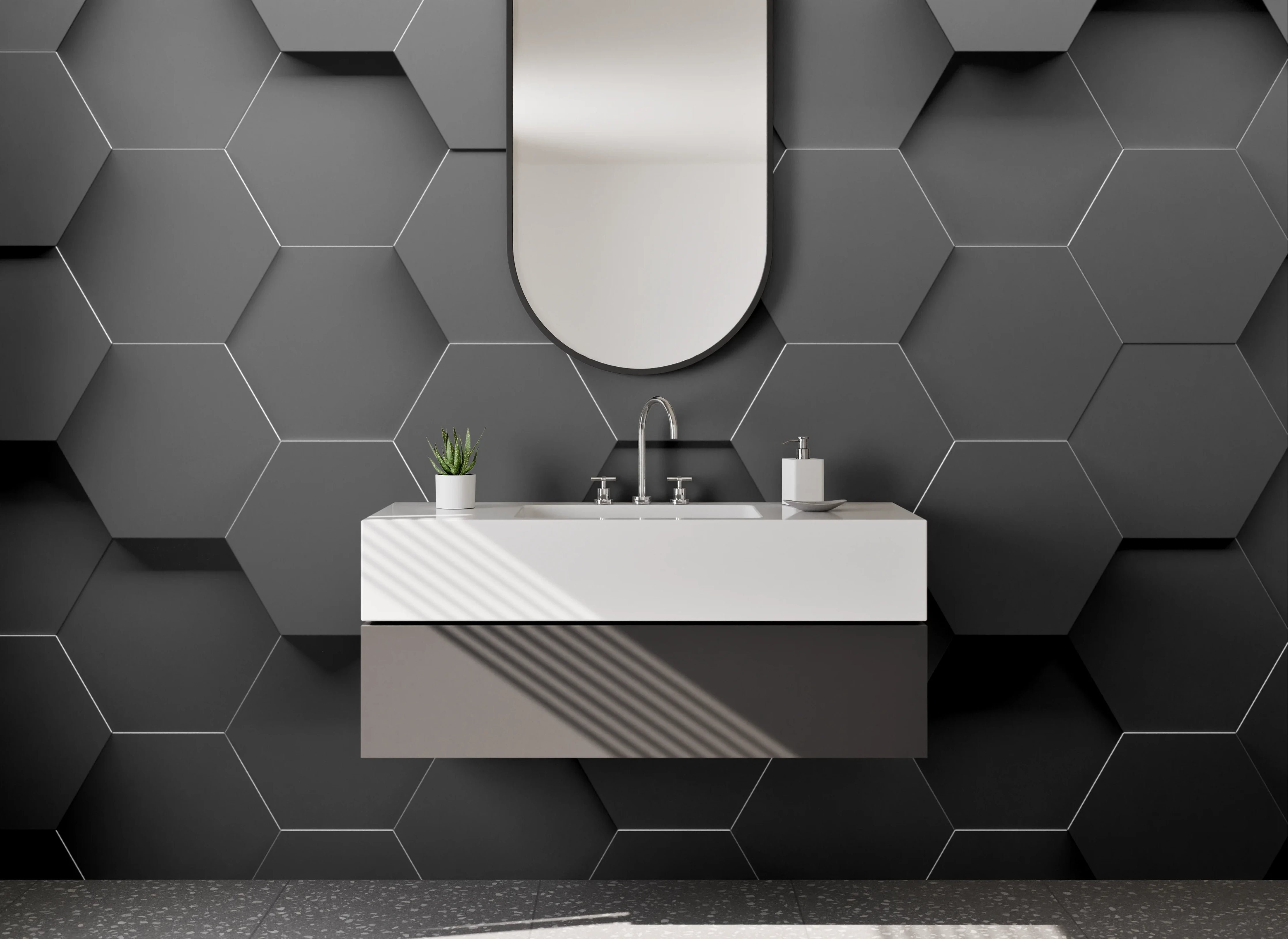 Waschbecken-Rückwand - Hexagon Wandmuster Schwarz Grau Modern