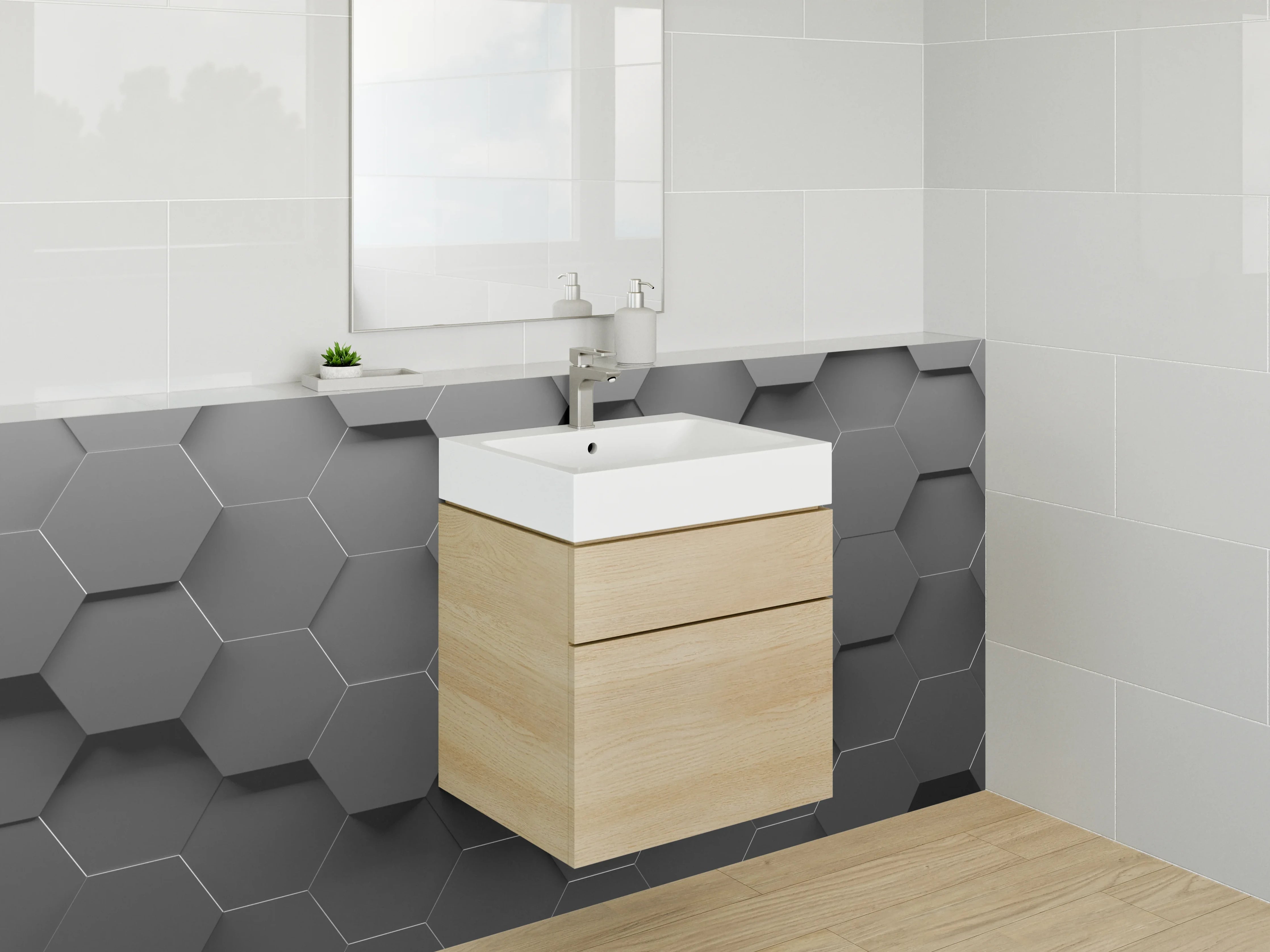 Waschbecken-Rückwand - Hexagon Wandmuster Schwarz Grau Modern