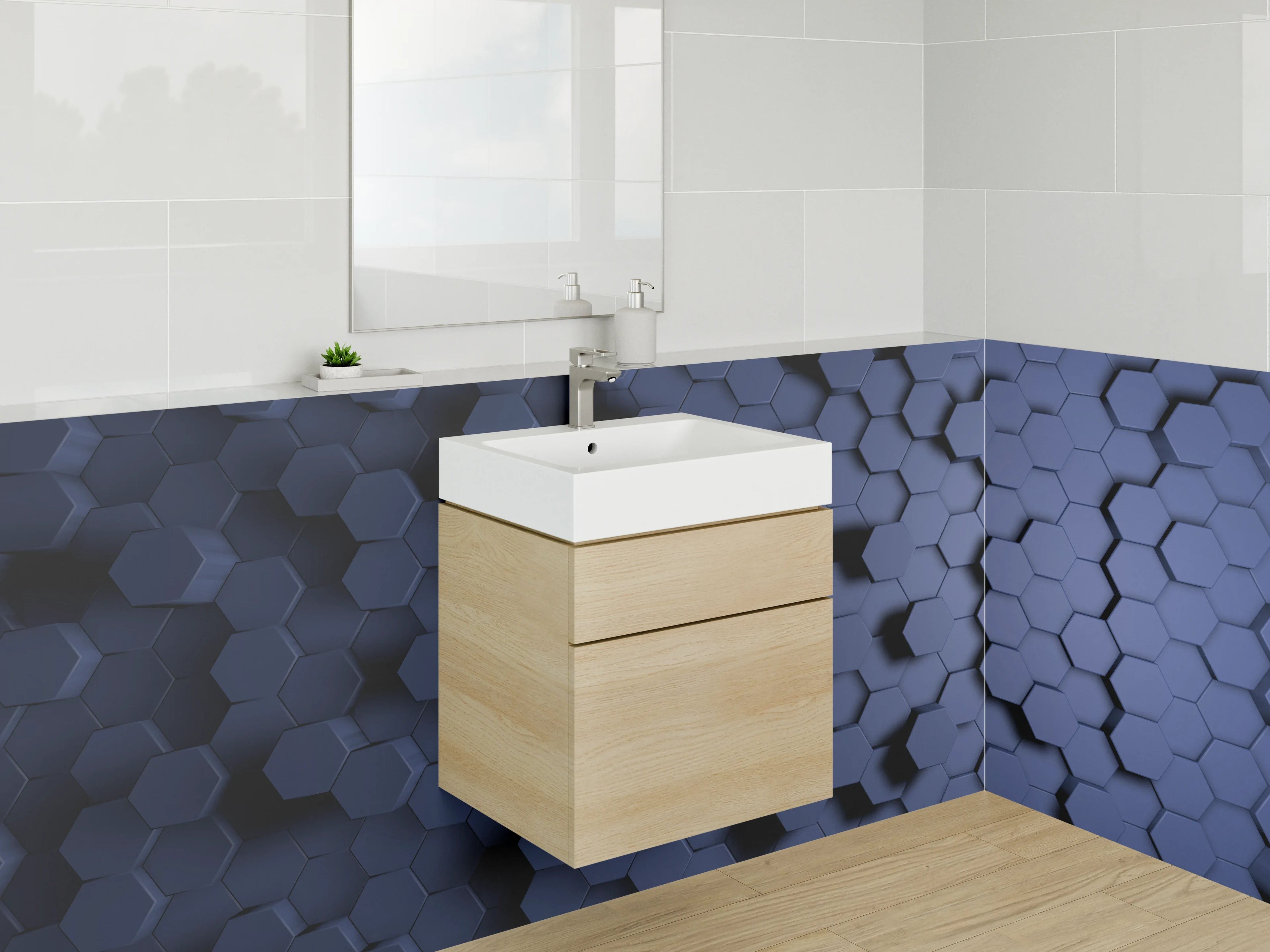 Waschbecken-Rückwand - Hexagonale 3D-Optik in Blau