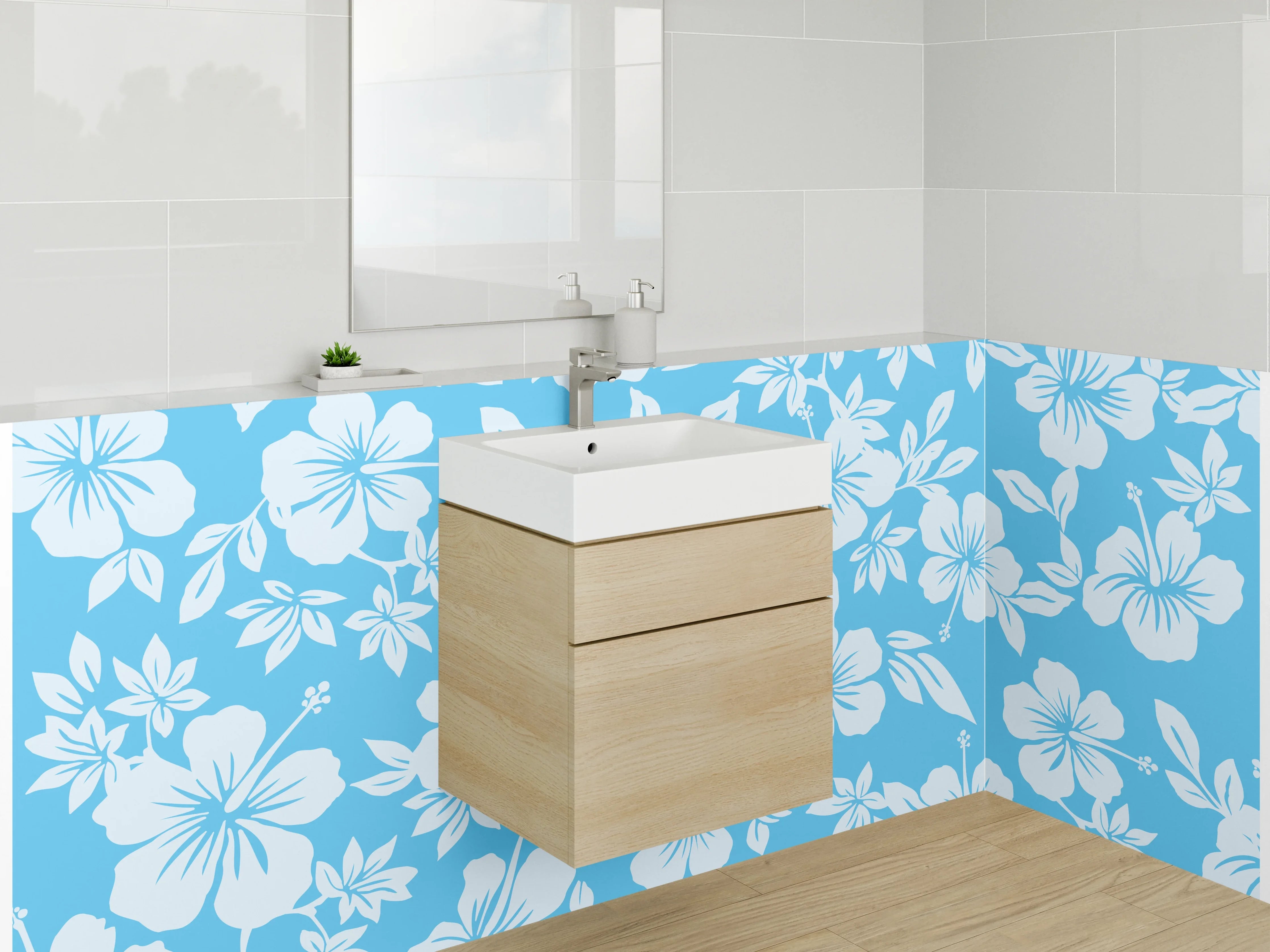 Waschbecken-Rückwand - Hibiskus Blumenmuster Blau Weiß