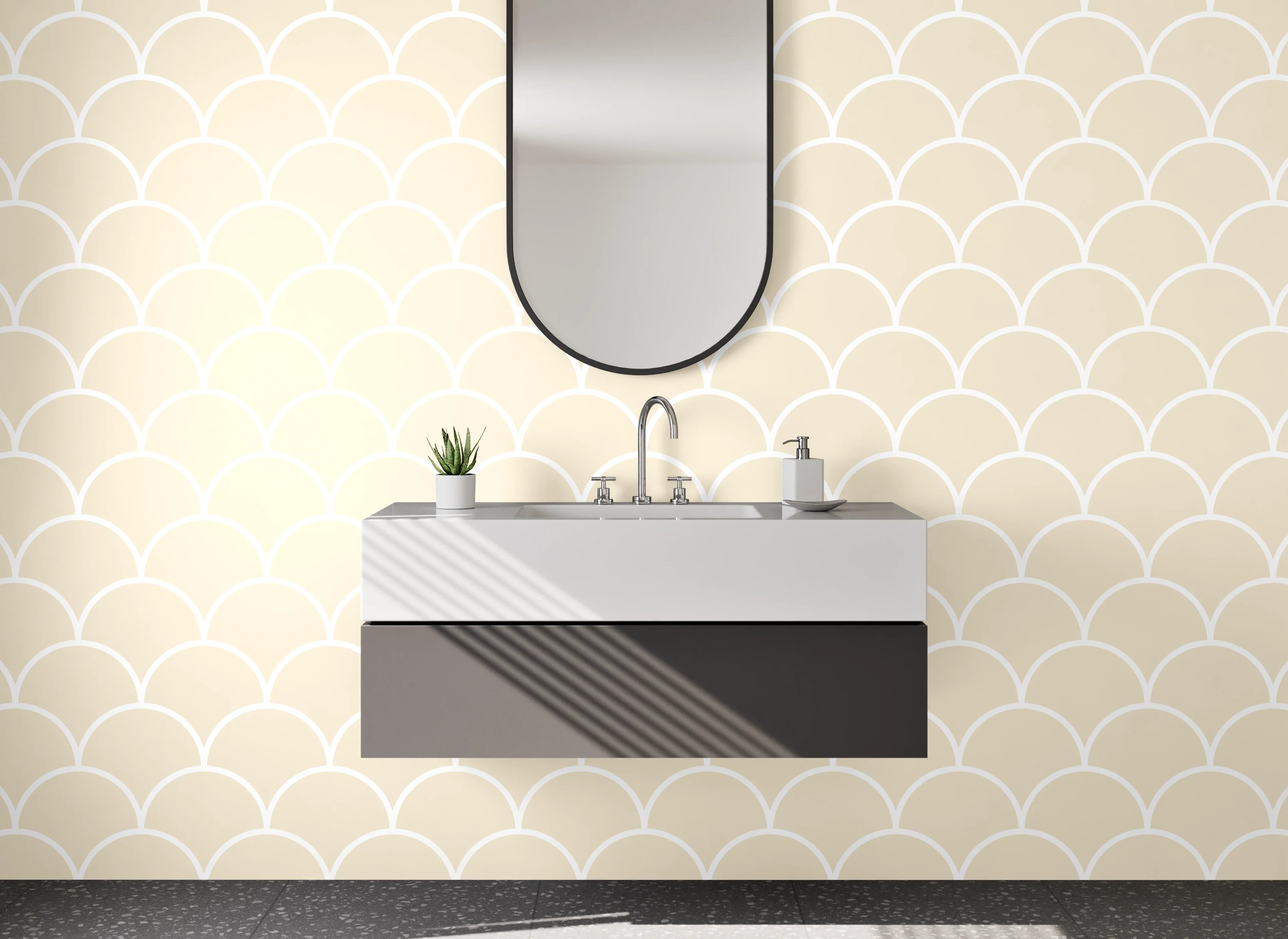 Waschbecken-Rückwand - Himmlisches Meer aus kleinen Schuppen in Beige