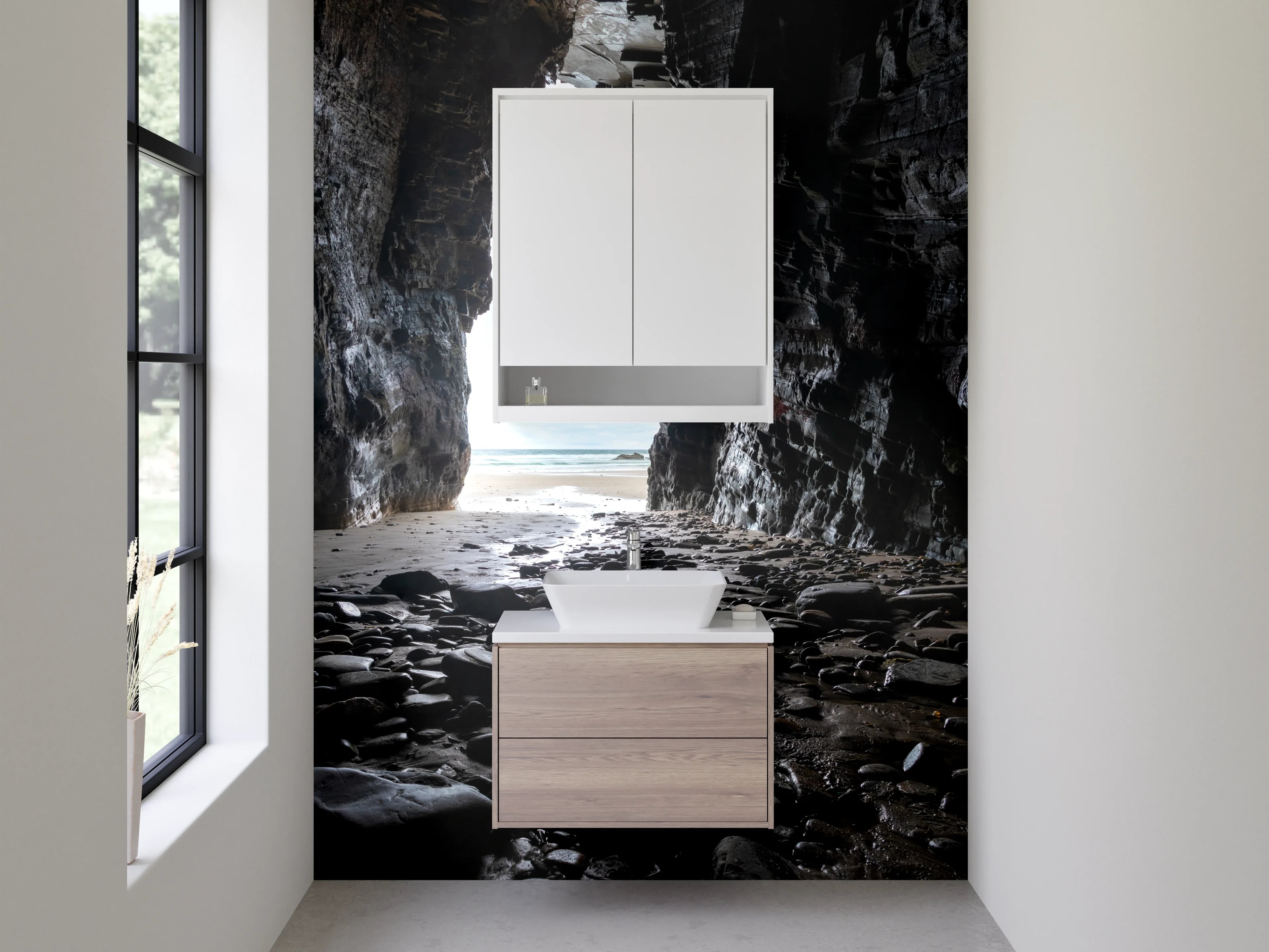 Waschbecken-Rückwand - Höhlenblick am Meer – Natursteinoptik