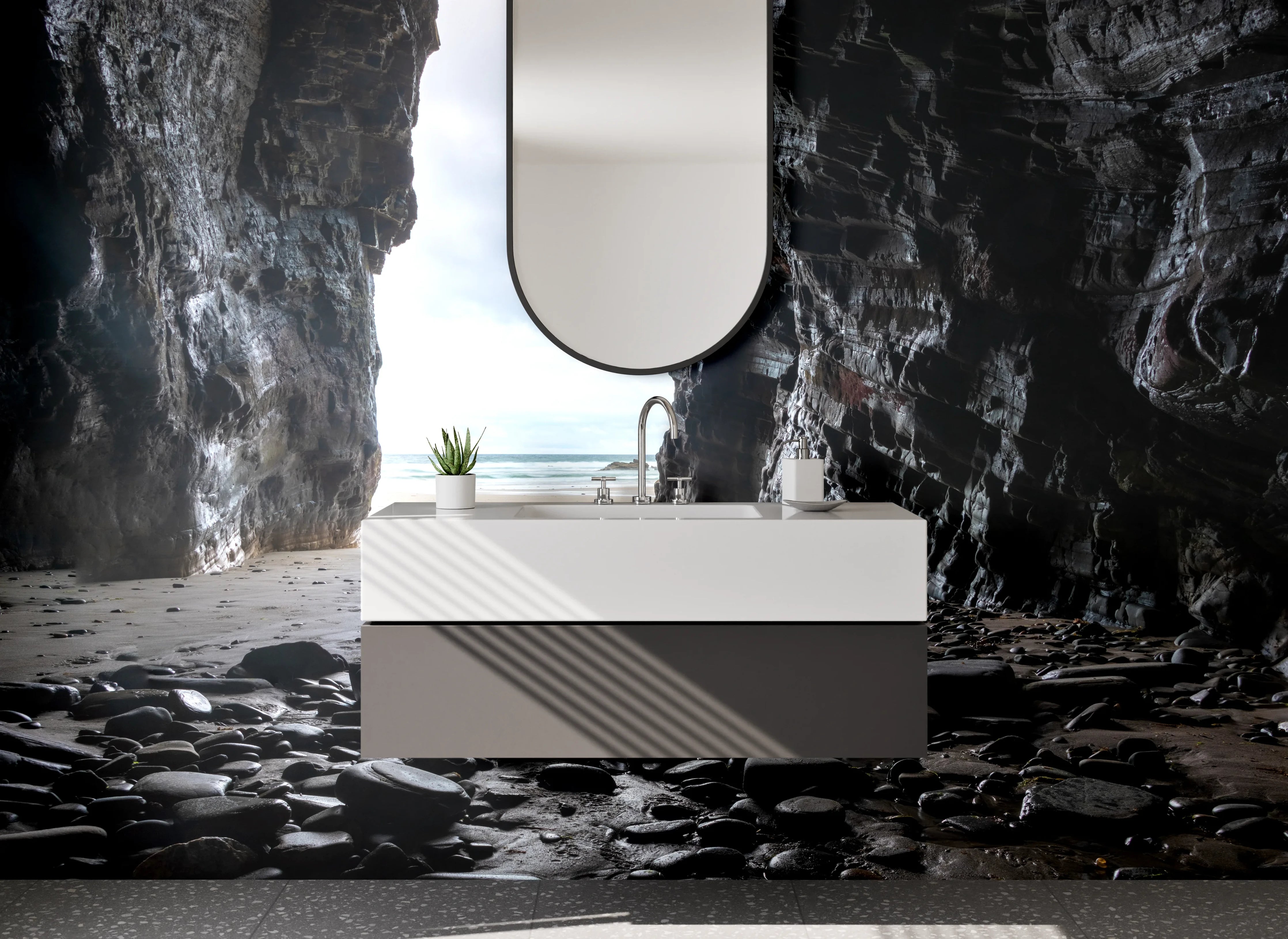 Waschbecken-Rückwand - Höhlenblick am Meer – Natursteinoptik