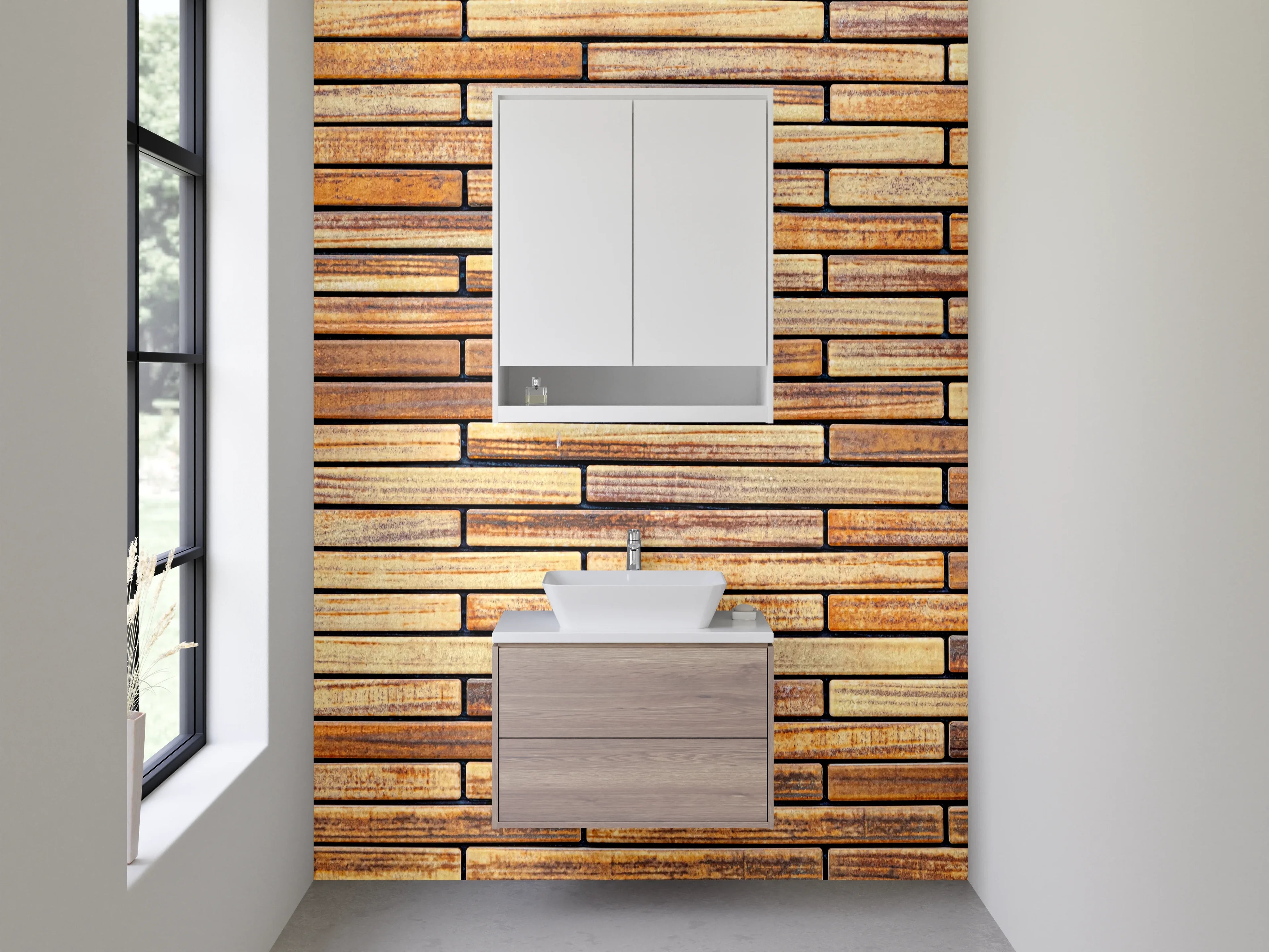 Waschbecken-Rückwand - Holz-Optik Fliesenmuster Braun Beige
