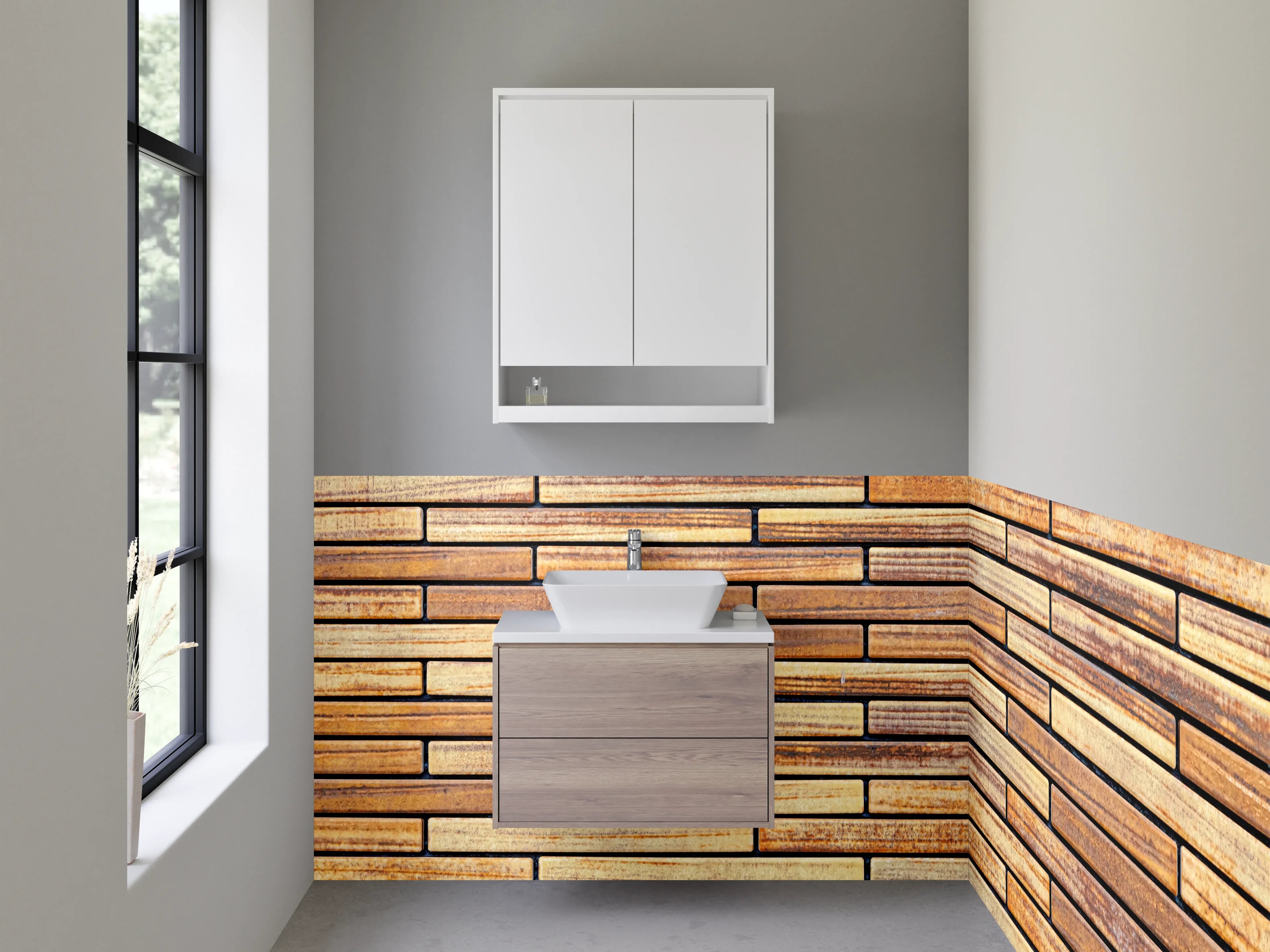Waschbecken-Rückwand - Holz-Optik Fliesenmuster Braun Beige