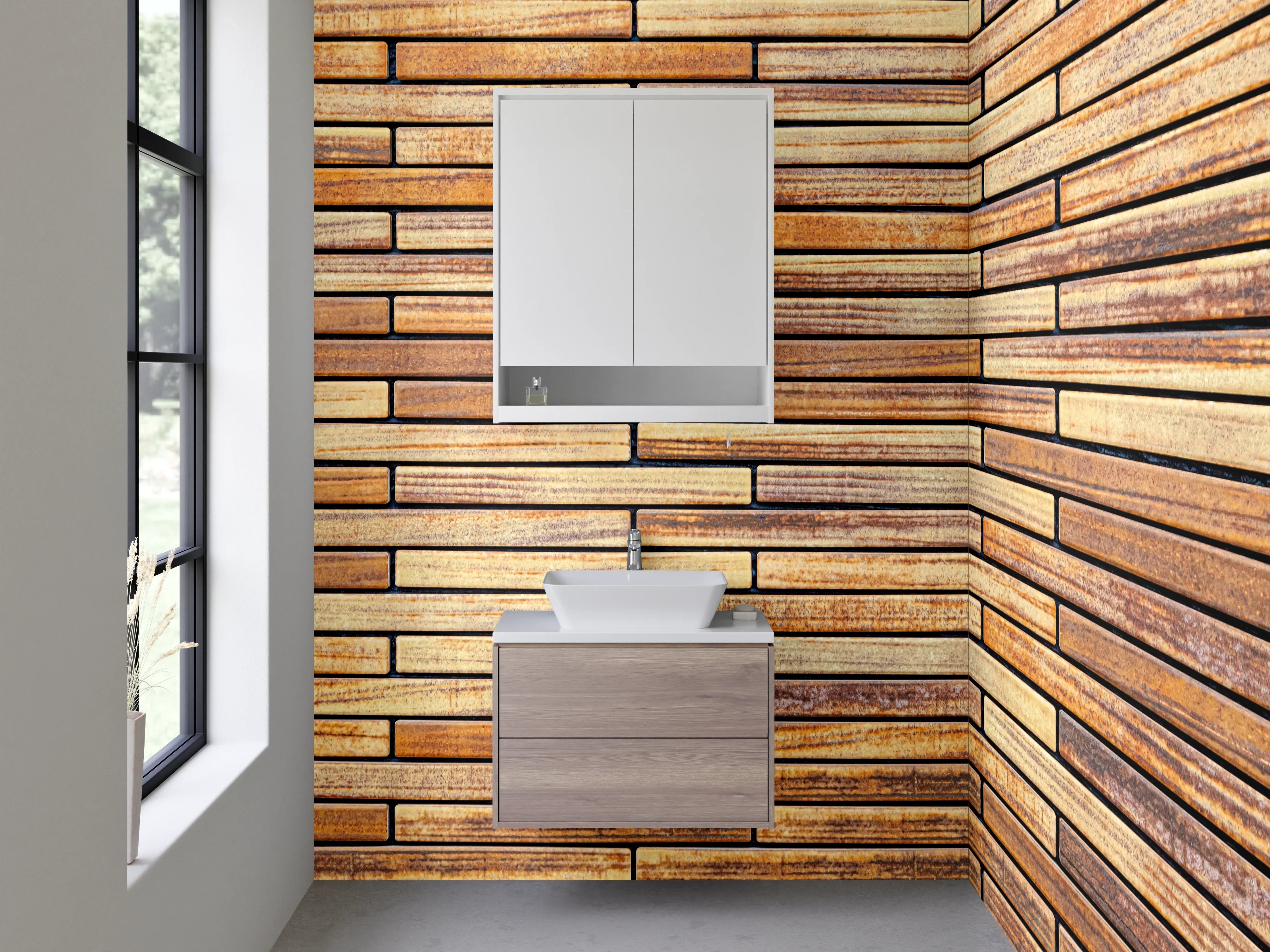 Waschbecken-Rückwand - Holz-Optik Fliesenmuster Braun Beige