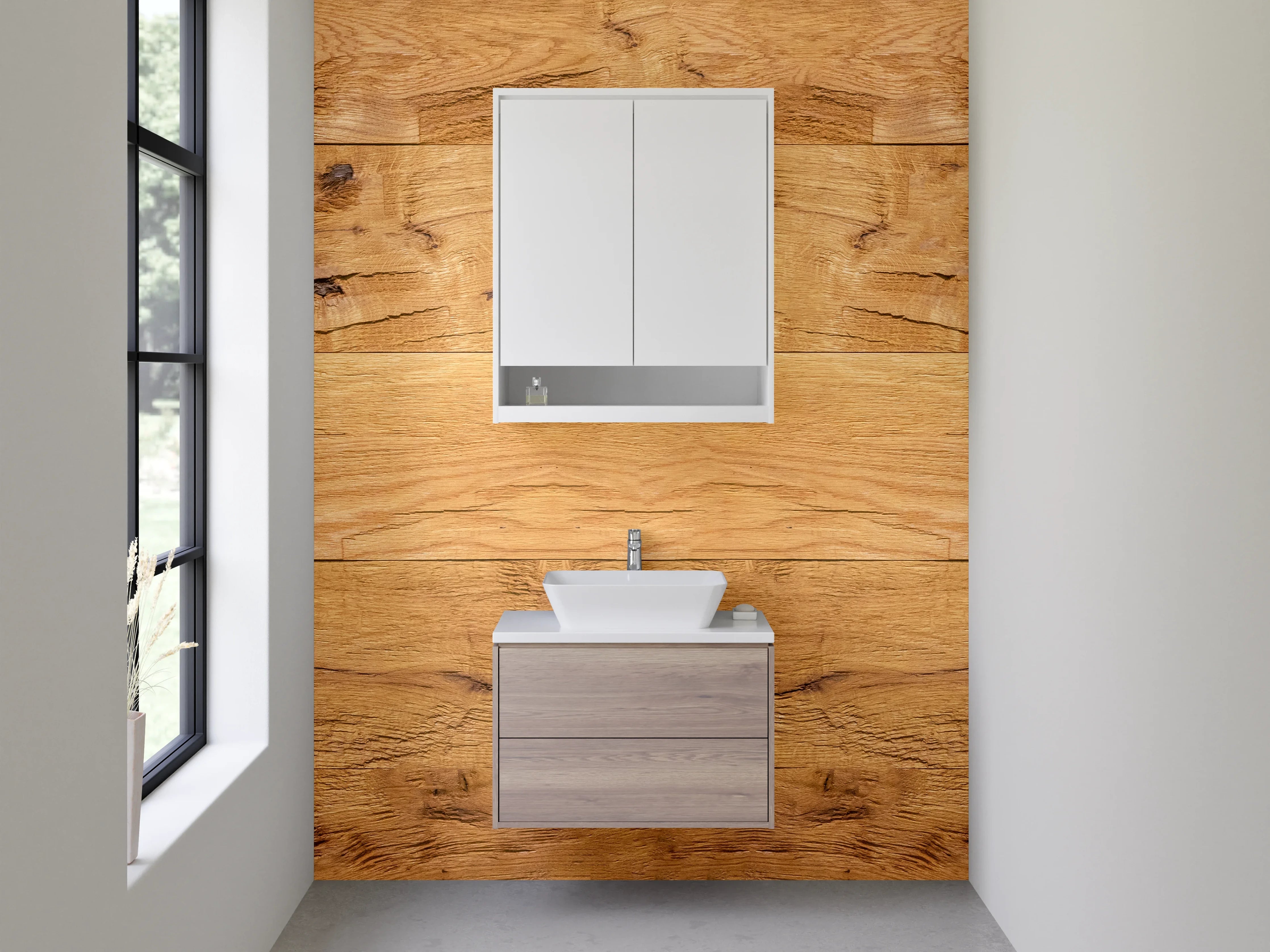 Waschbecken-Rückwand - Holzoptik Fliesen – warmer Landhausstil