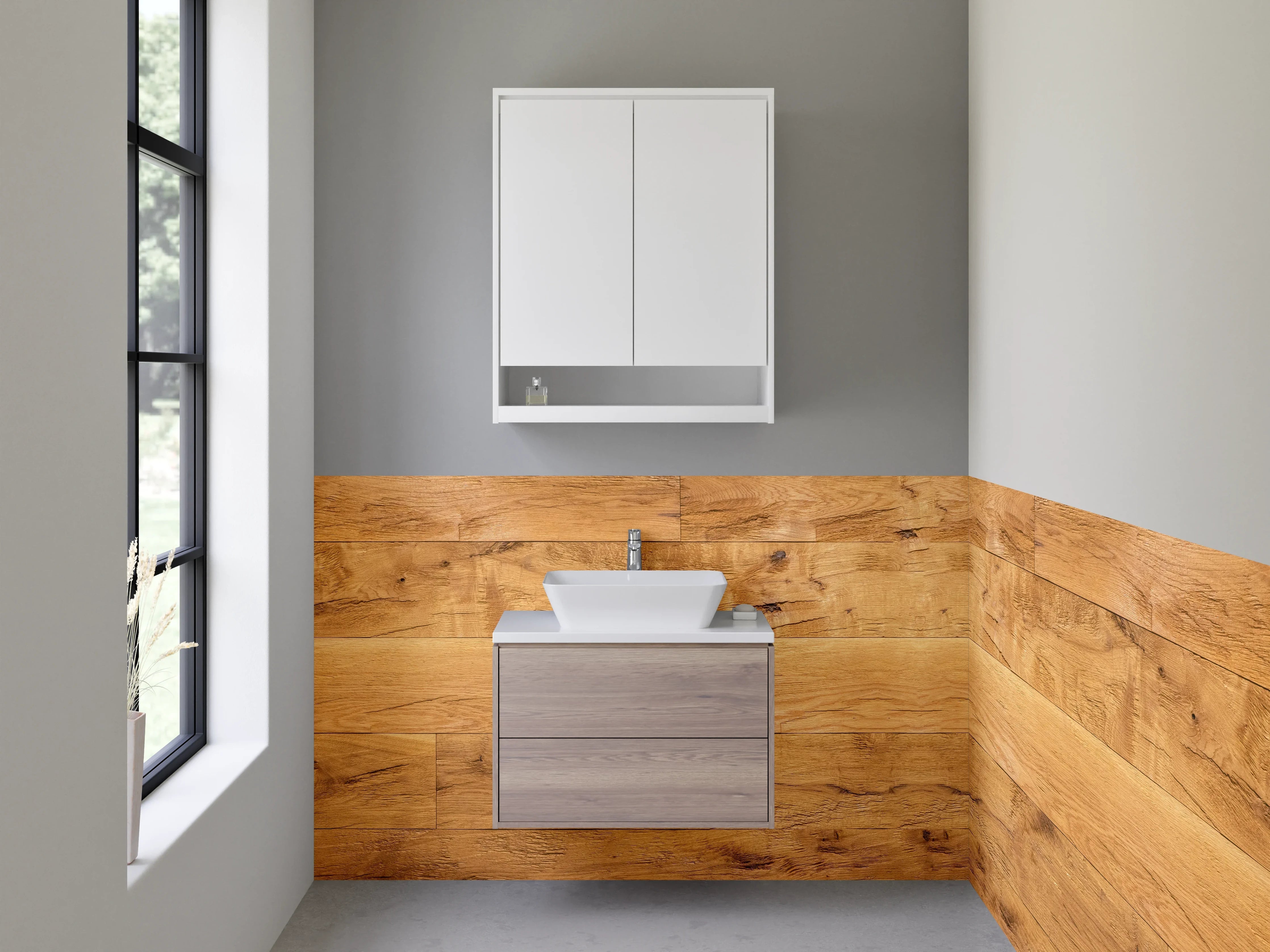 Waschbecken-Rückwand - Holzoptik Fliesen – warmer Landhausstil