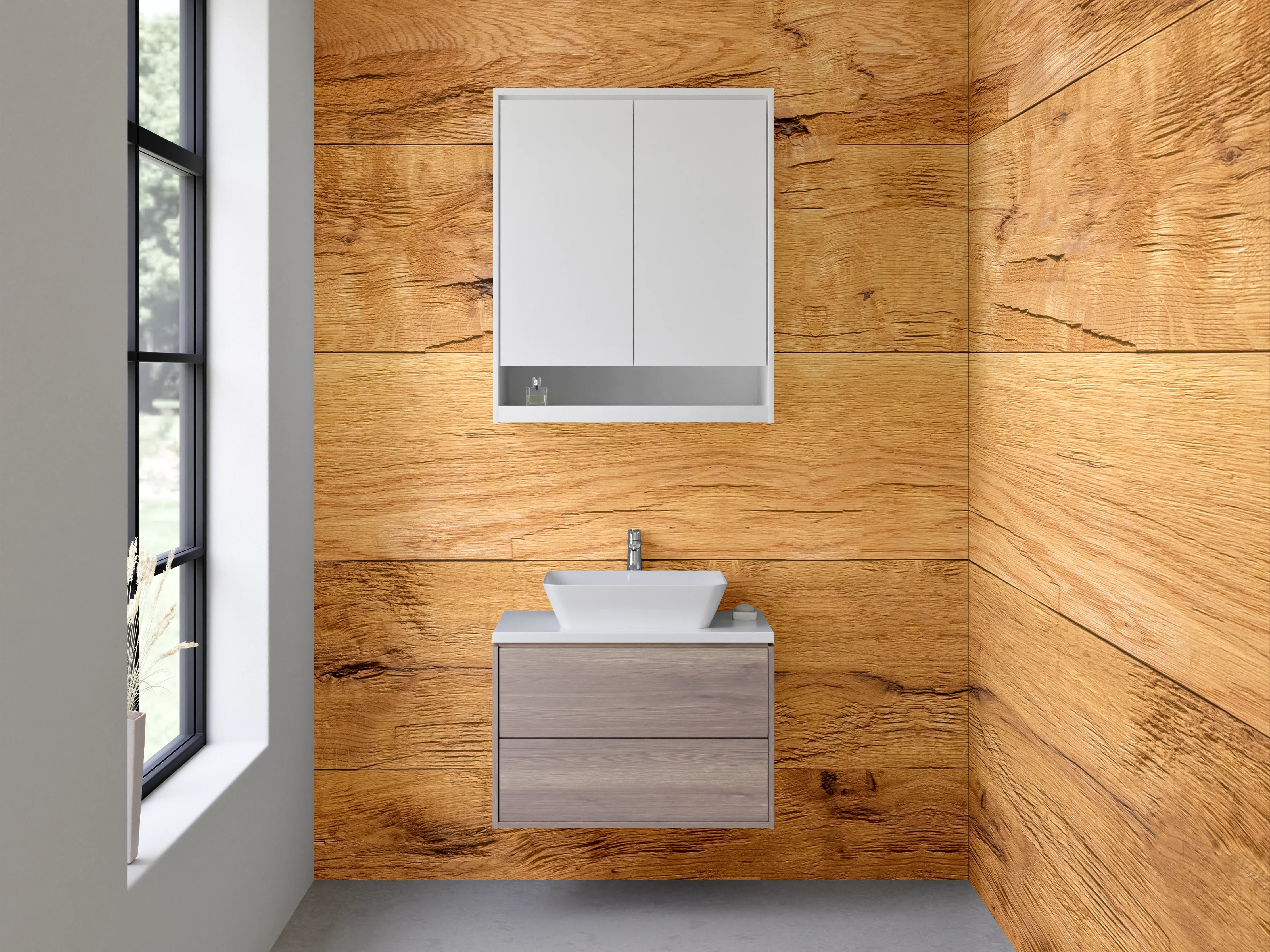 Waschbecken-Rückwand - Holzoptik Fliesen – warmer Landhausstil