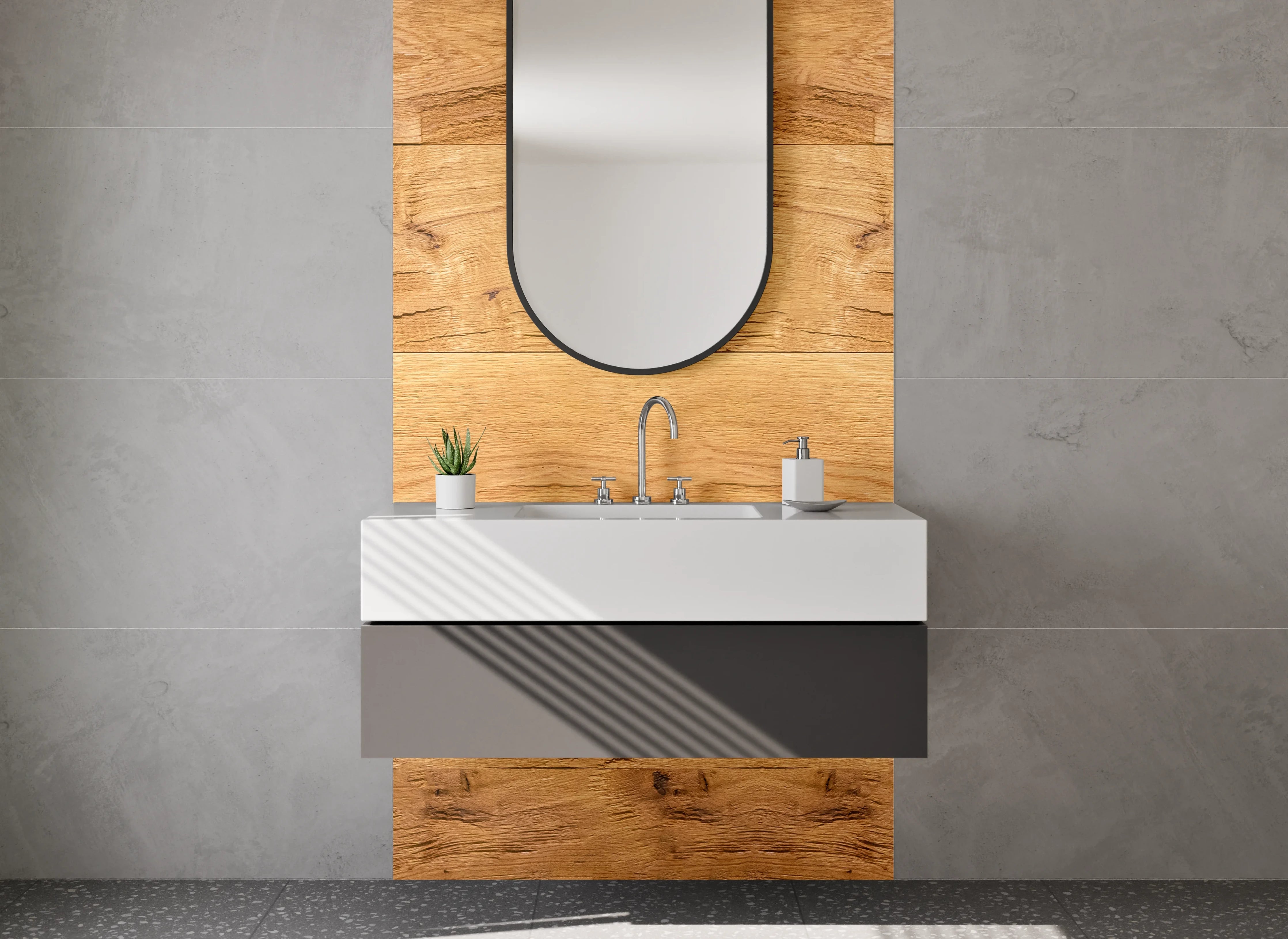 Waschbecken-Rückwand - Holzoptik Fliesen – warmer Landhausstil