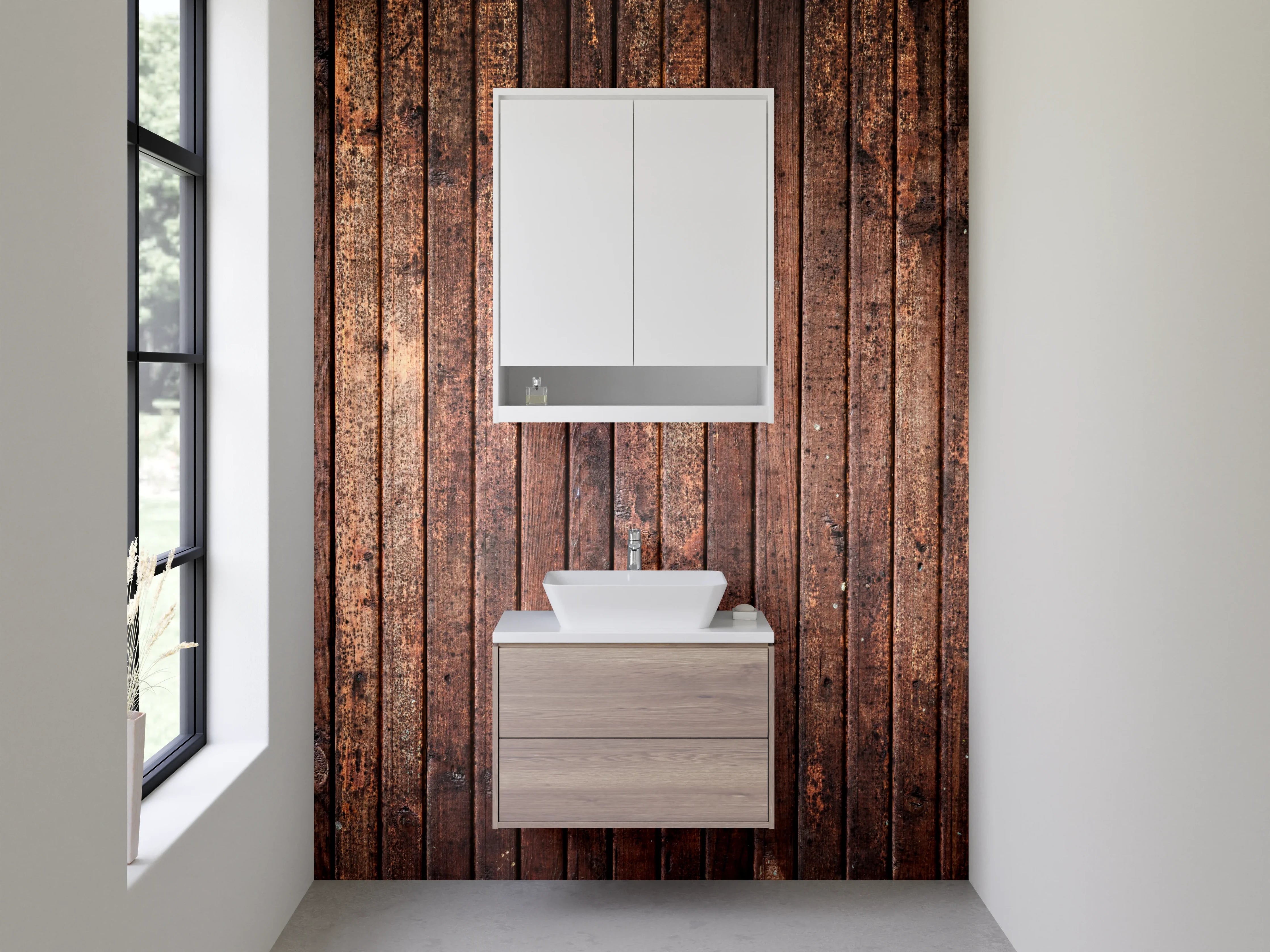Waschbecken-Rückwand - Holzoptik mit dunklen Warmtönen