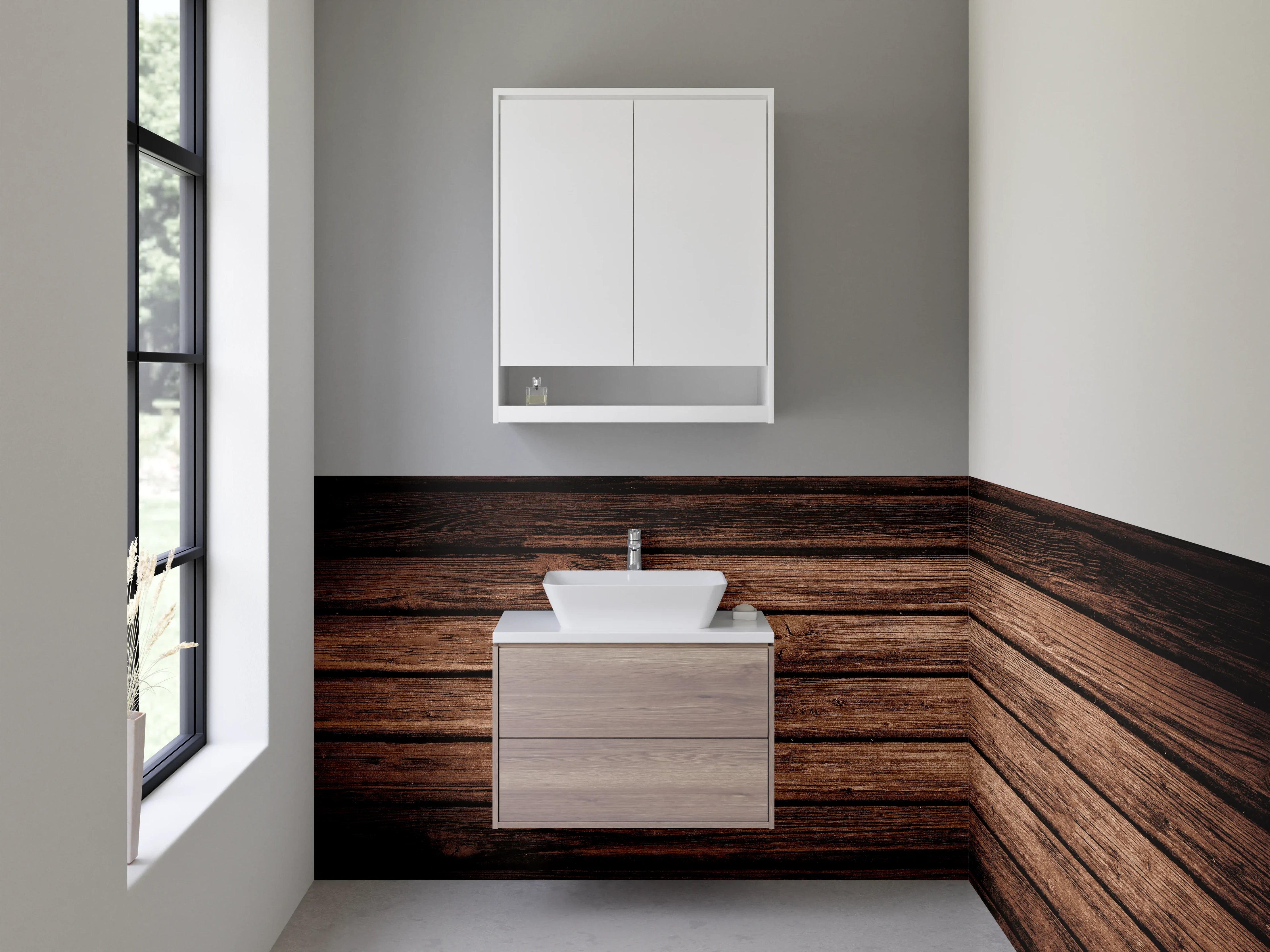 Waschbecken-Rückwand - Holzoptik mit dunkler Oberfläche