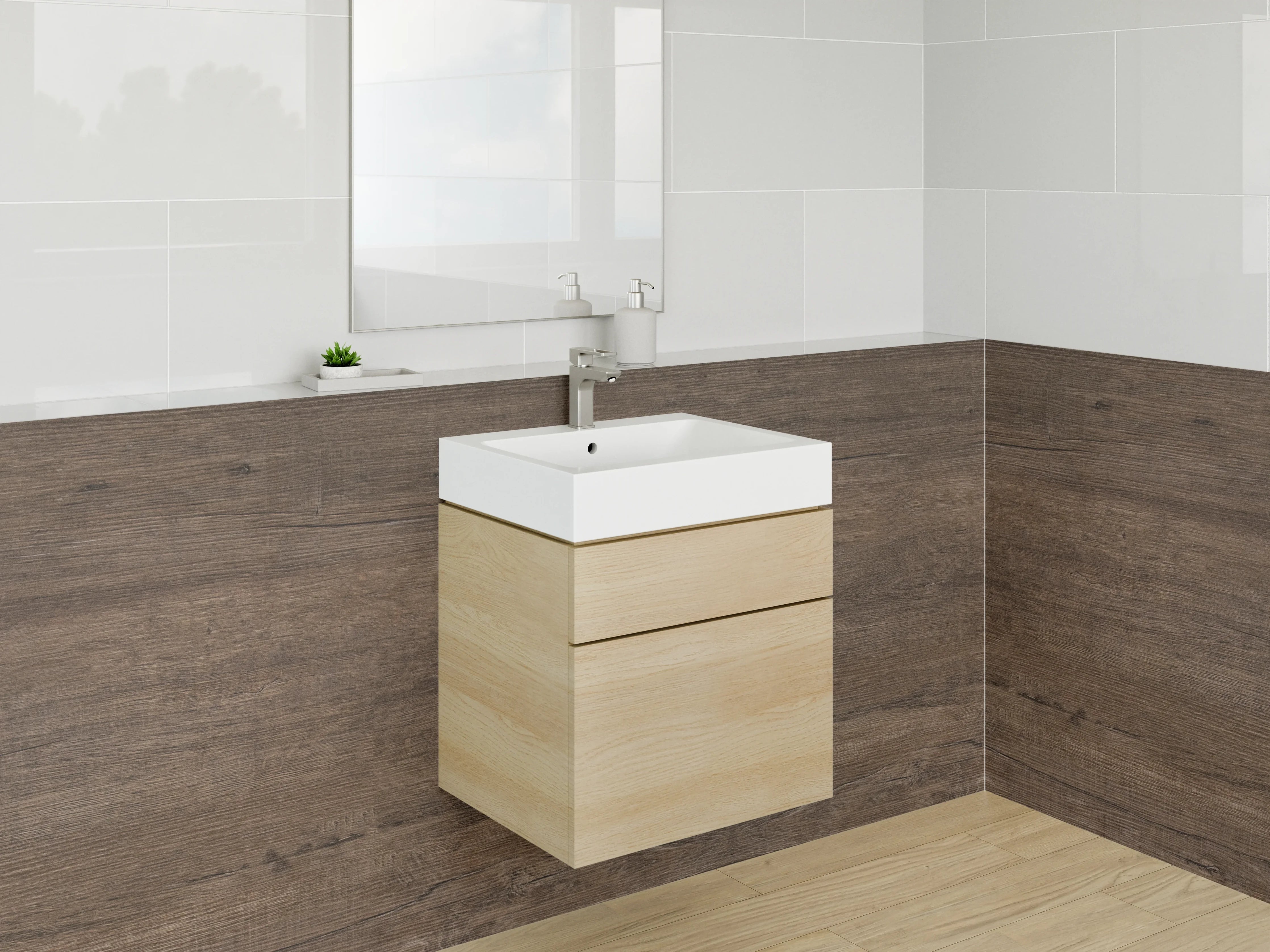 Waschbecken-Rückwand - Holzoptik mit warmen Brauntönen
