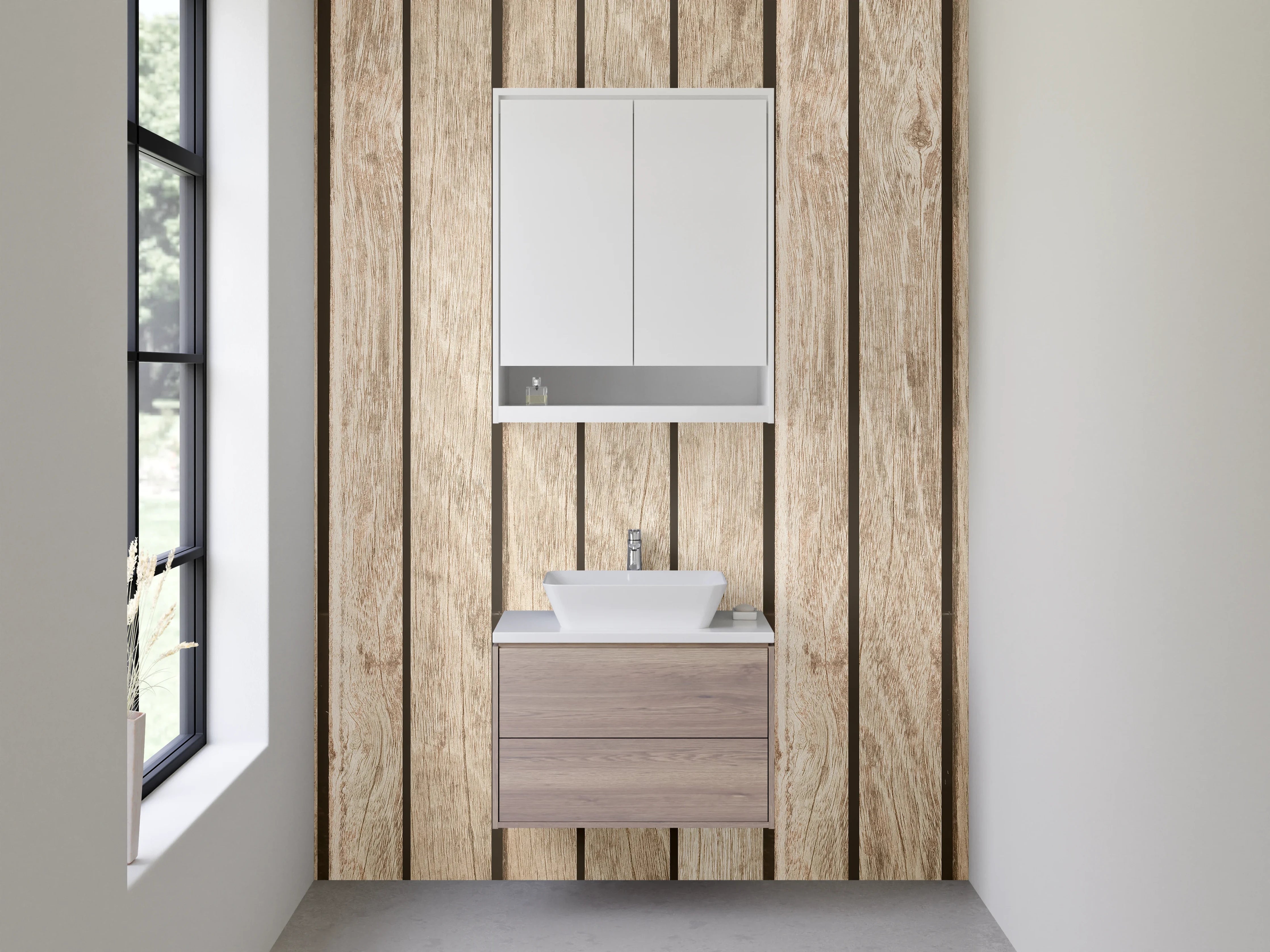 Waschbecken-Rückwand - Holzoptik vertikal – Moderne Wandgestaltung