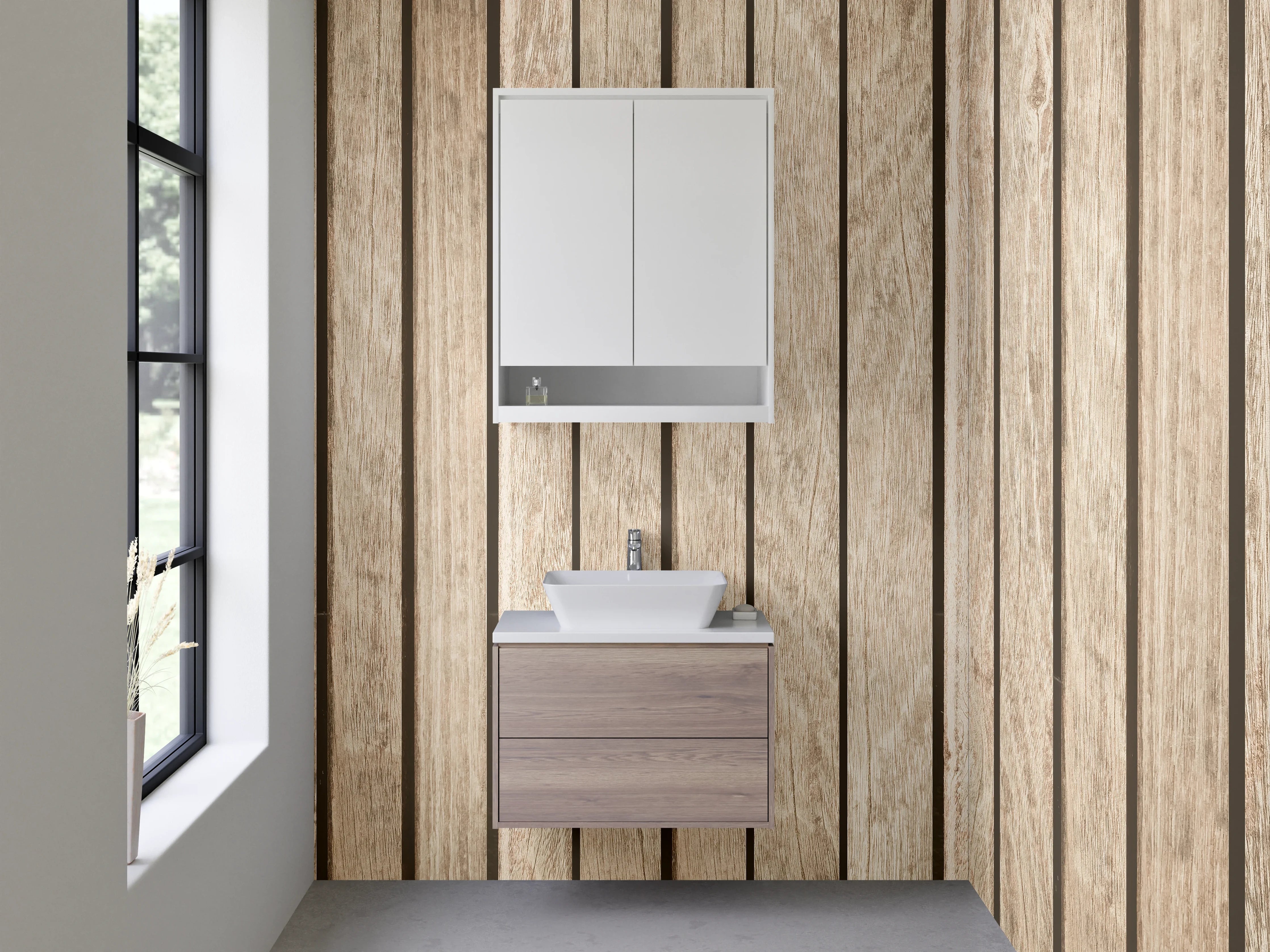 Waschbecken-Rückwand - Holzoptik vertikal – Moderne Wandgestaltung