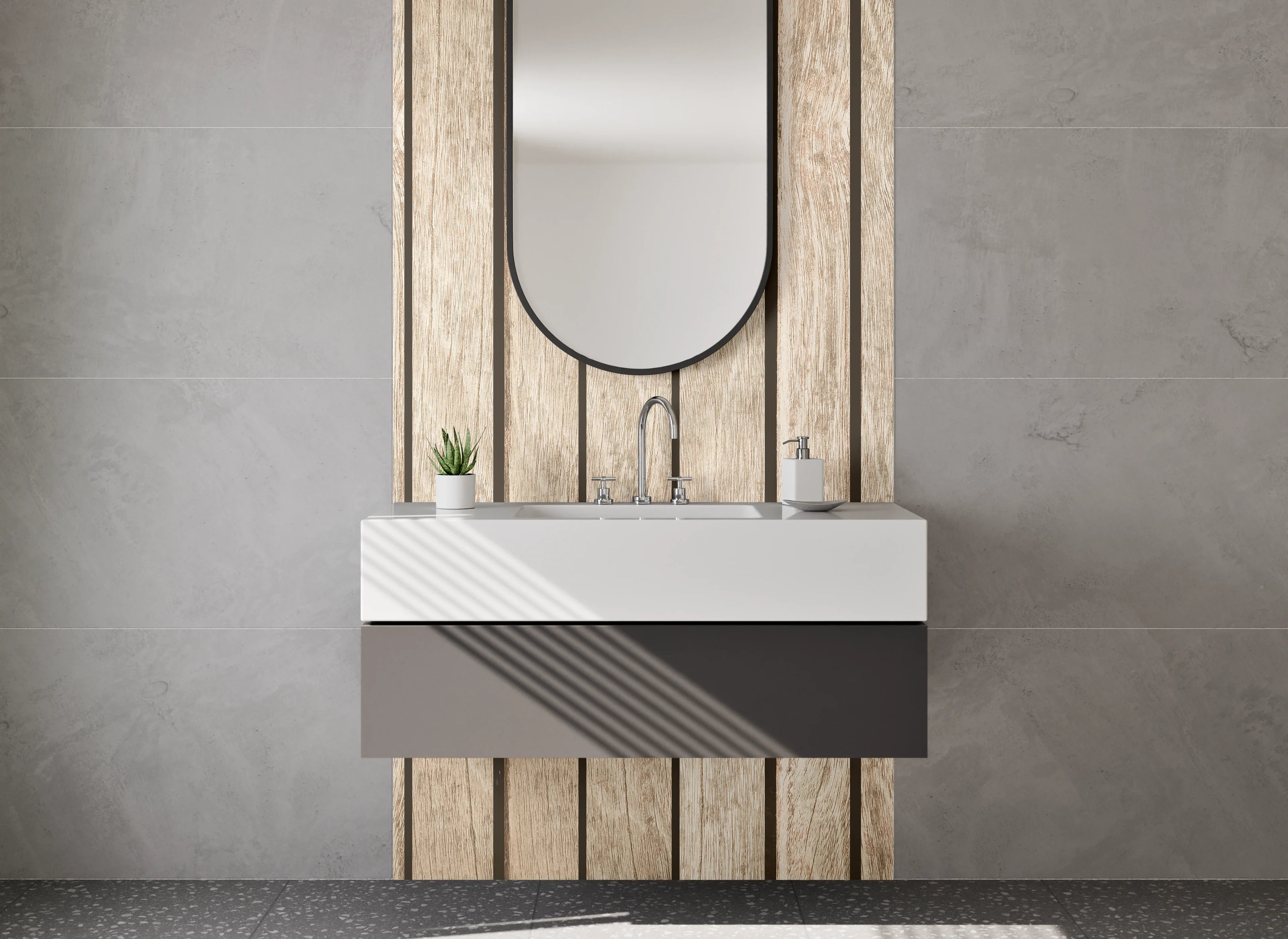 Waschbecken-Rückwand - Holzoptik vertikal – Moderne Wandgestaltung