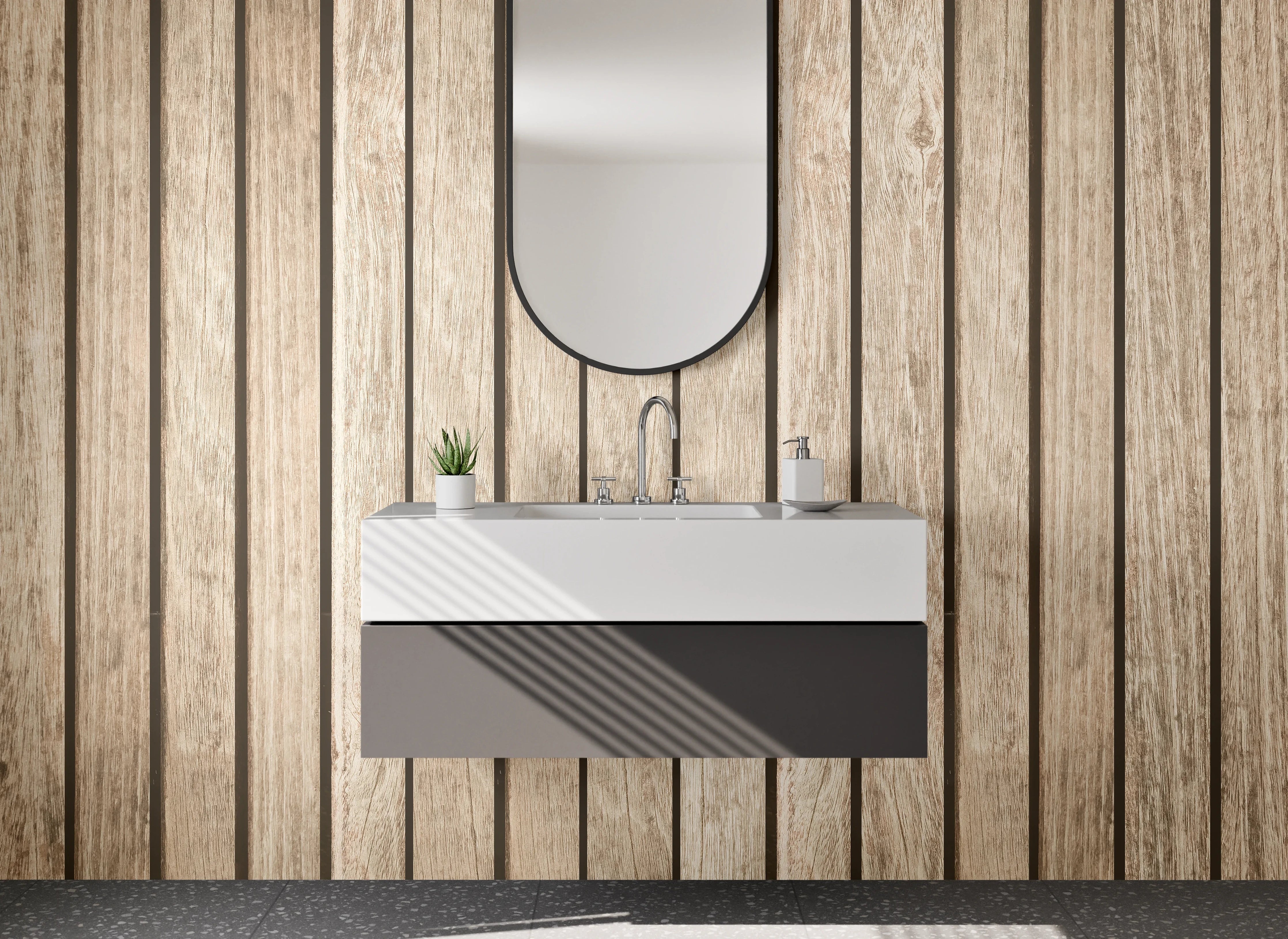 Waschbecken-Rückwand - Holzoptik vertikal – Moderne Wandgestaltung