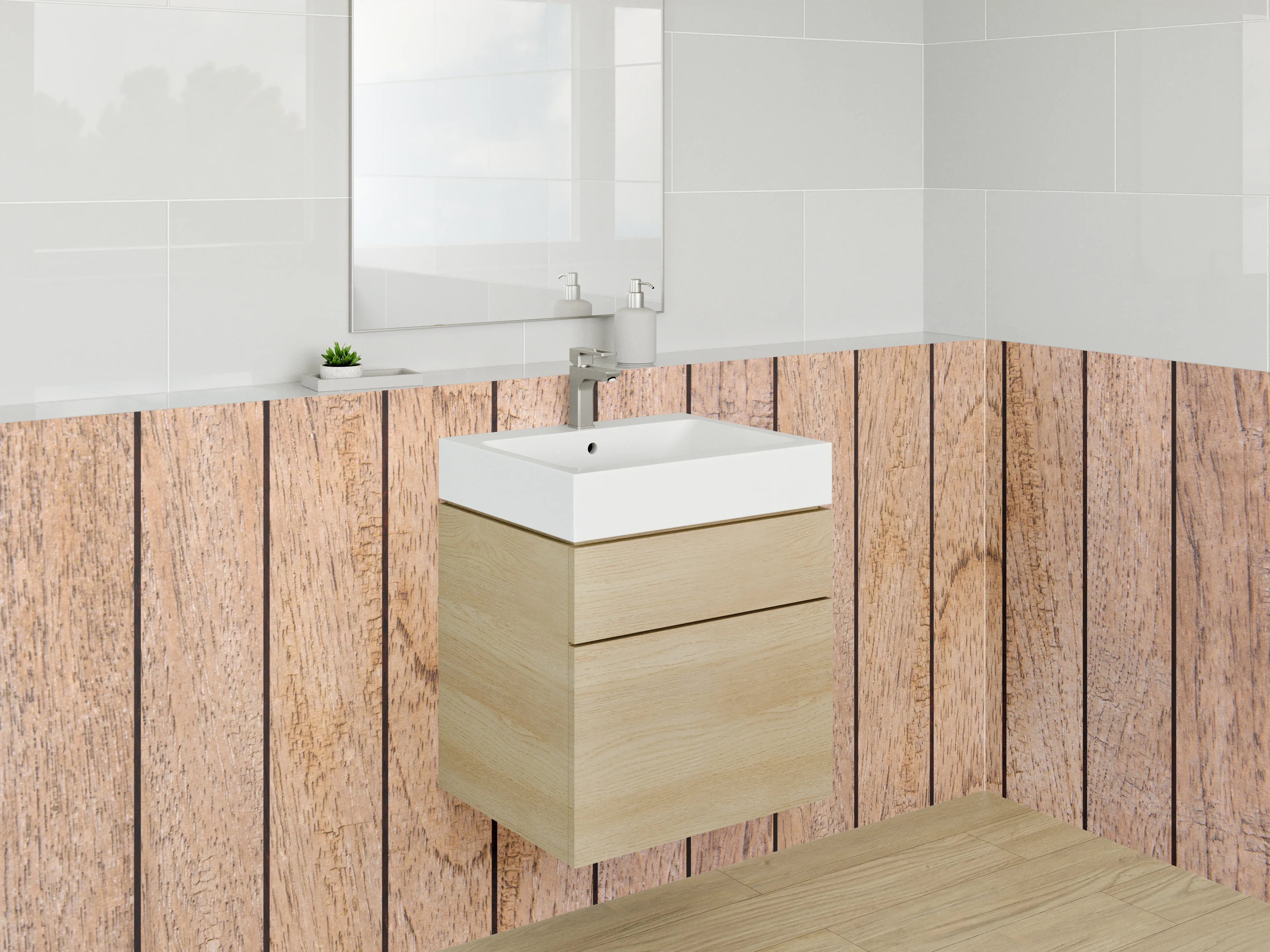 Waschbecken-Rückwand - Holzpaneel mit natürlicher Maserung und warmen Tönen