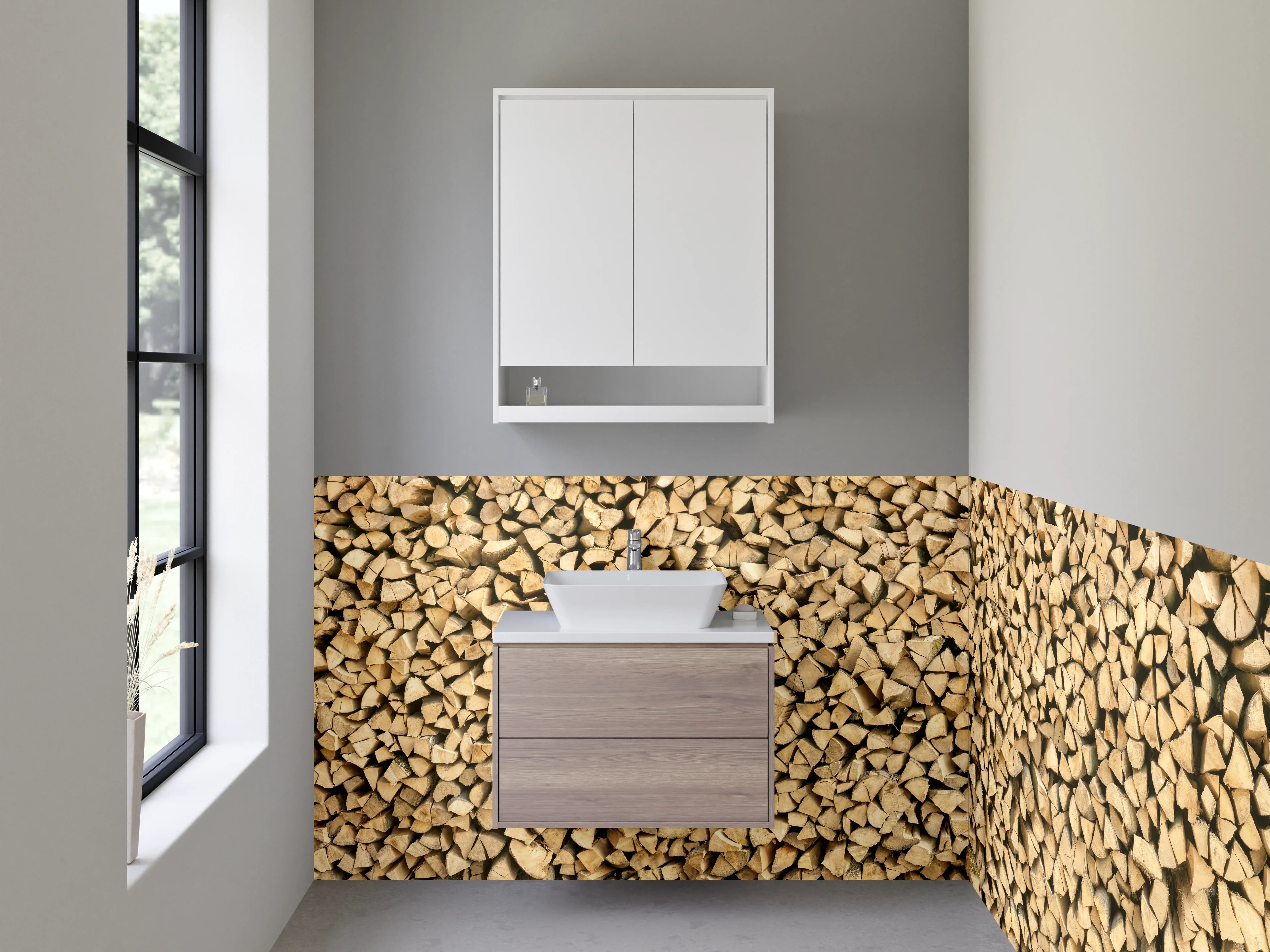 Waschbecken-Rückwand - Holzscheit Stapel Wandbild