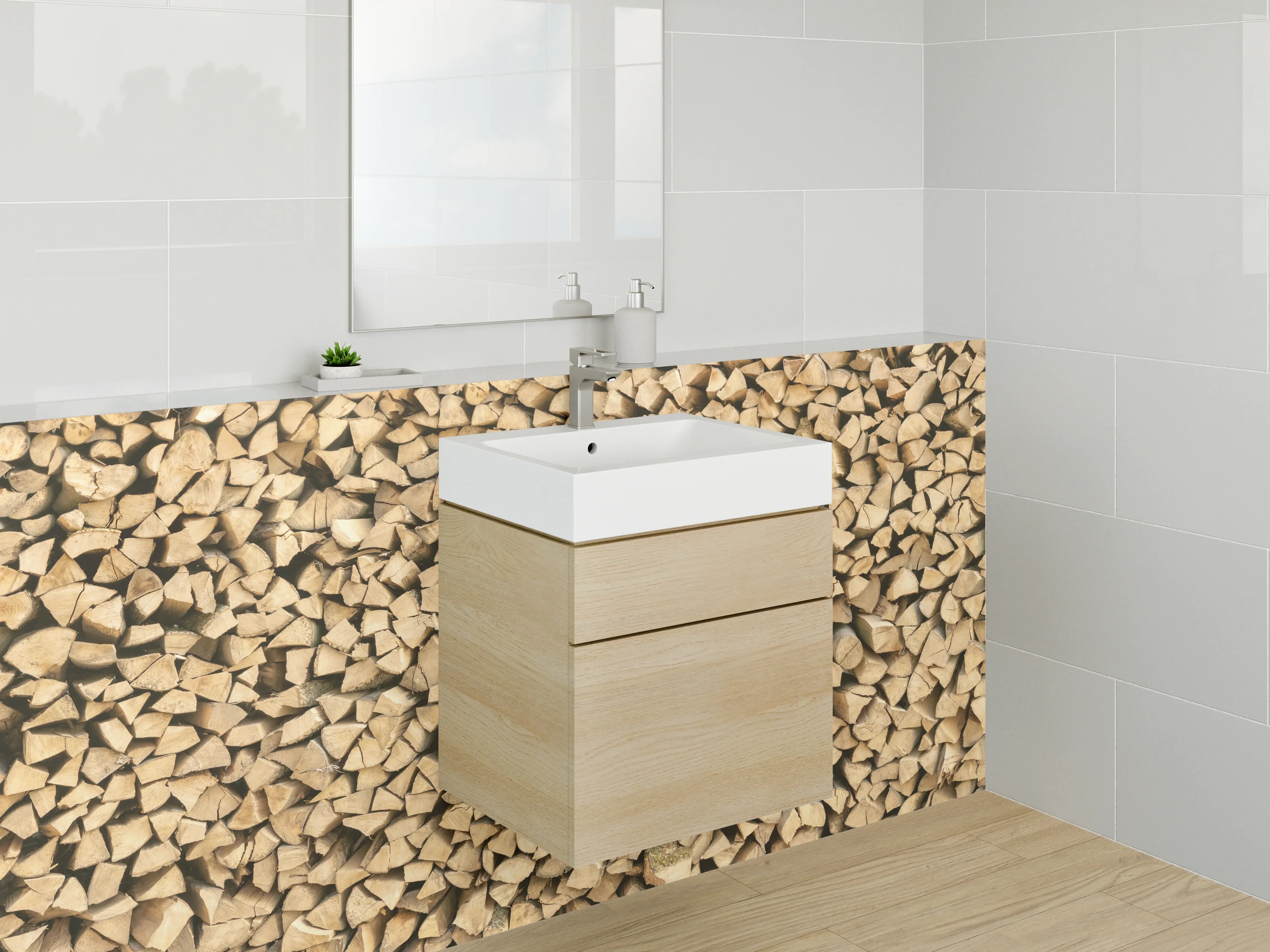 Waschbecken-Rückwand - Holzscheit Stapel Wandbild