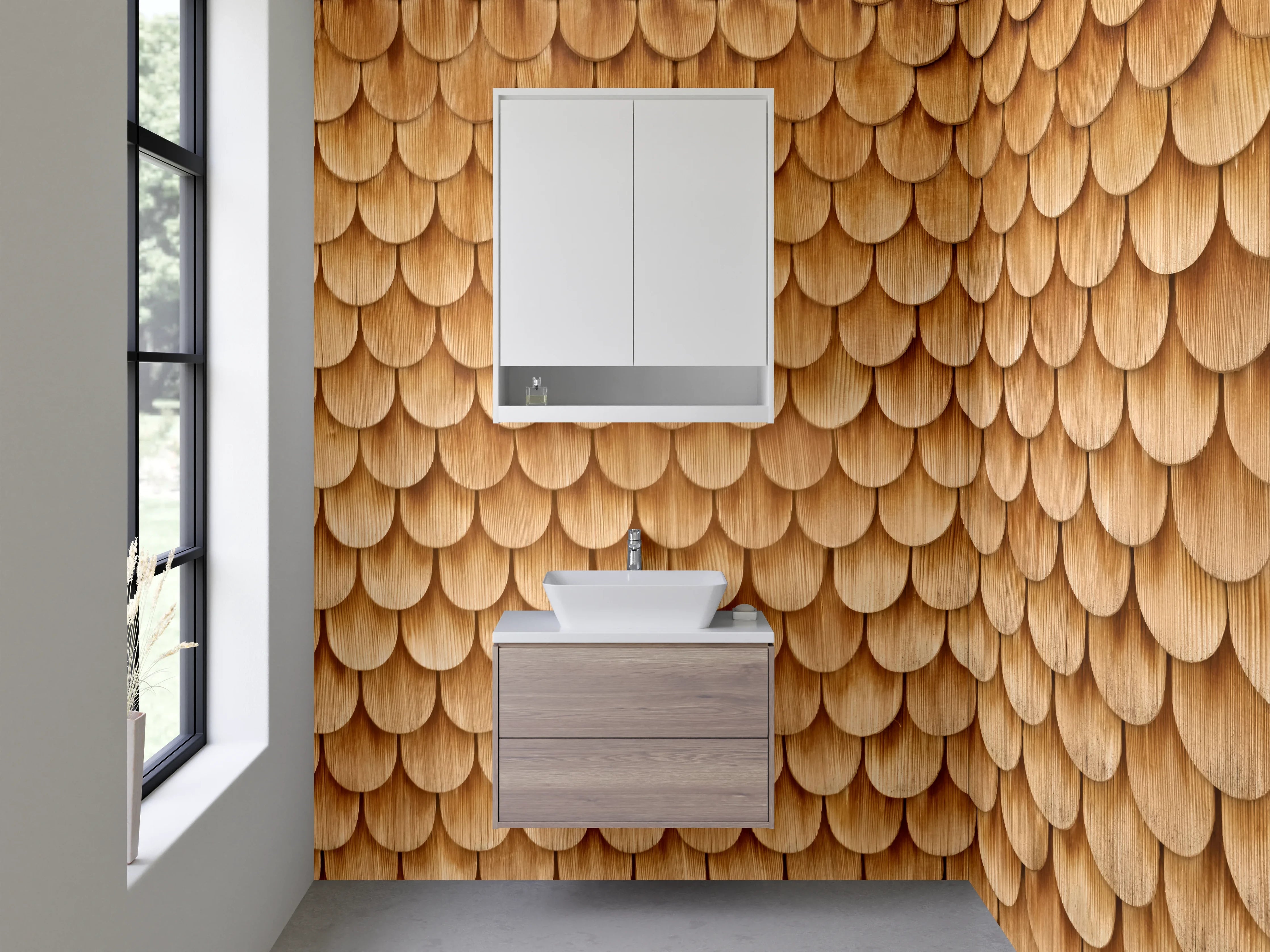 Waschbecken-Rückwand - Holzschindel Optik Naturbraun