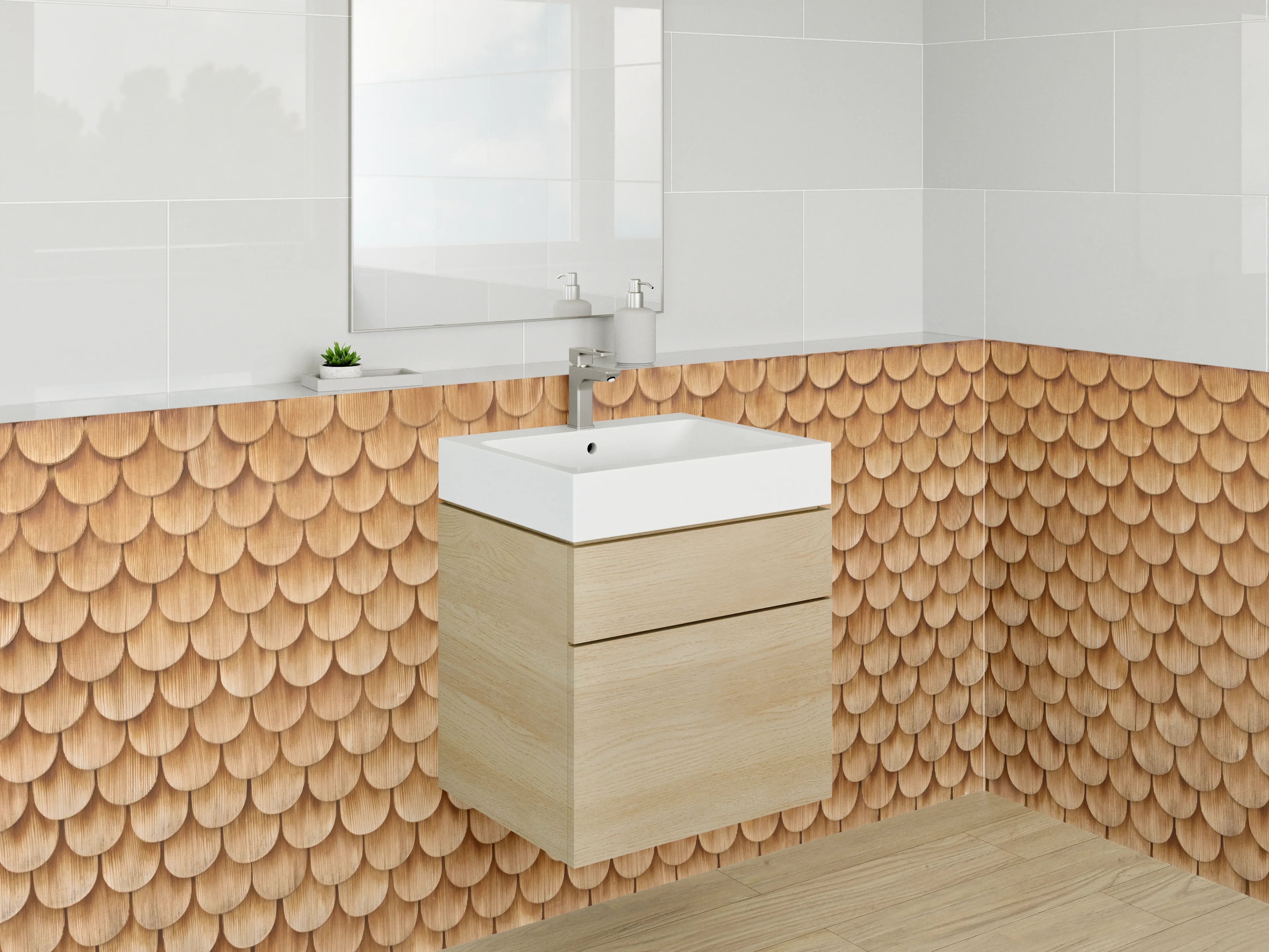 Waschbecken-Rückwand - Holzschindel Optik Naturbraun