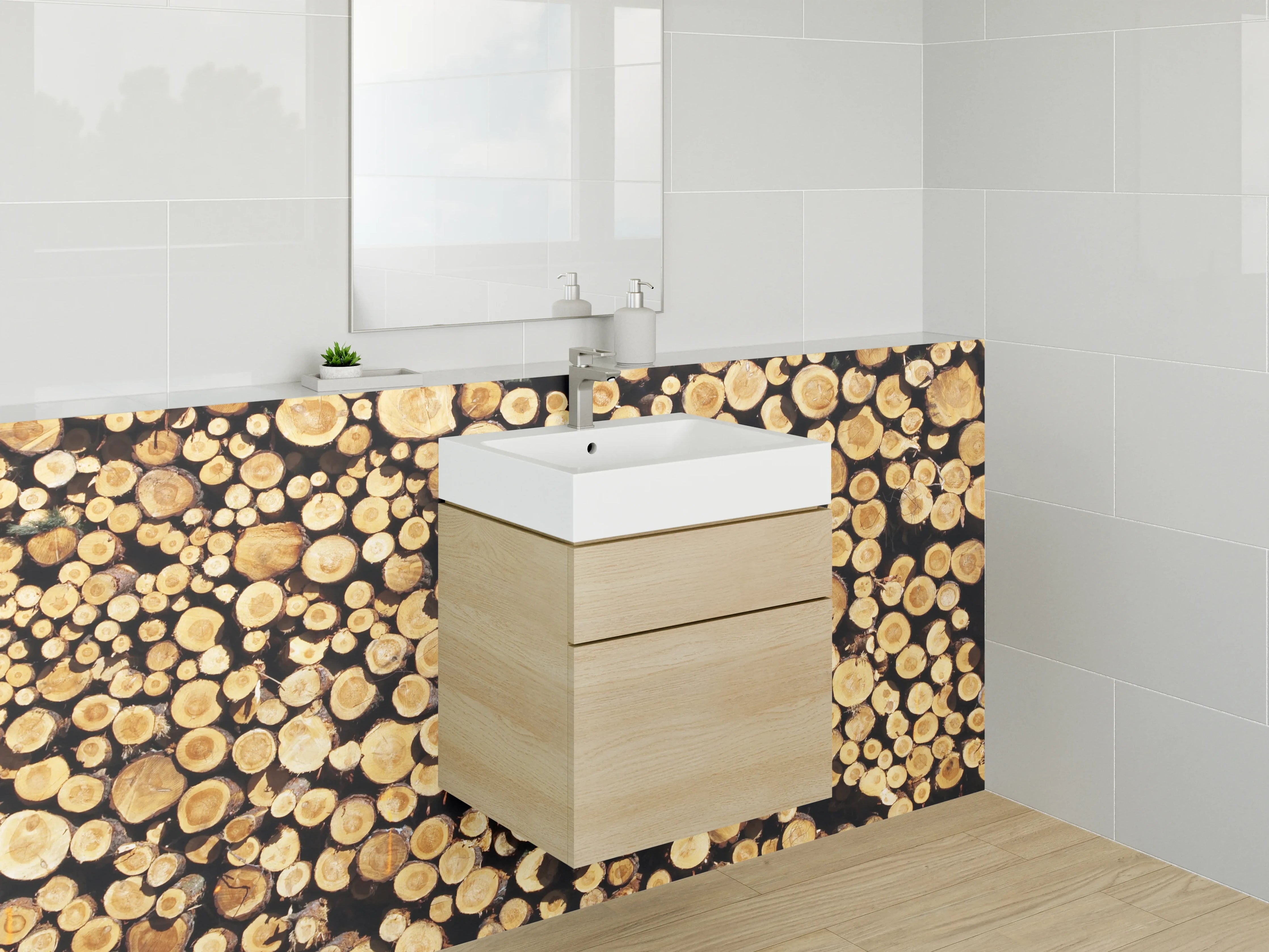 Waschbecken-Rückwand - Holzstämme in warmen Tönen