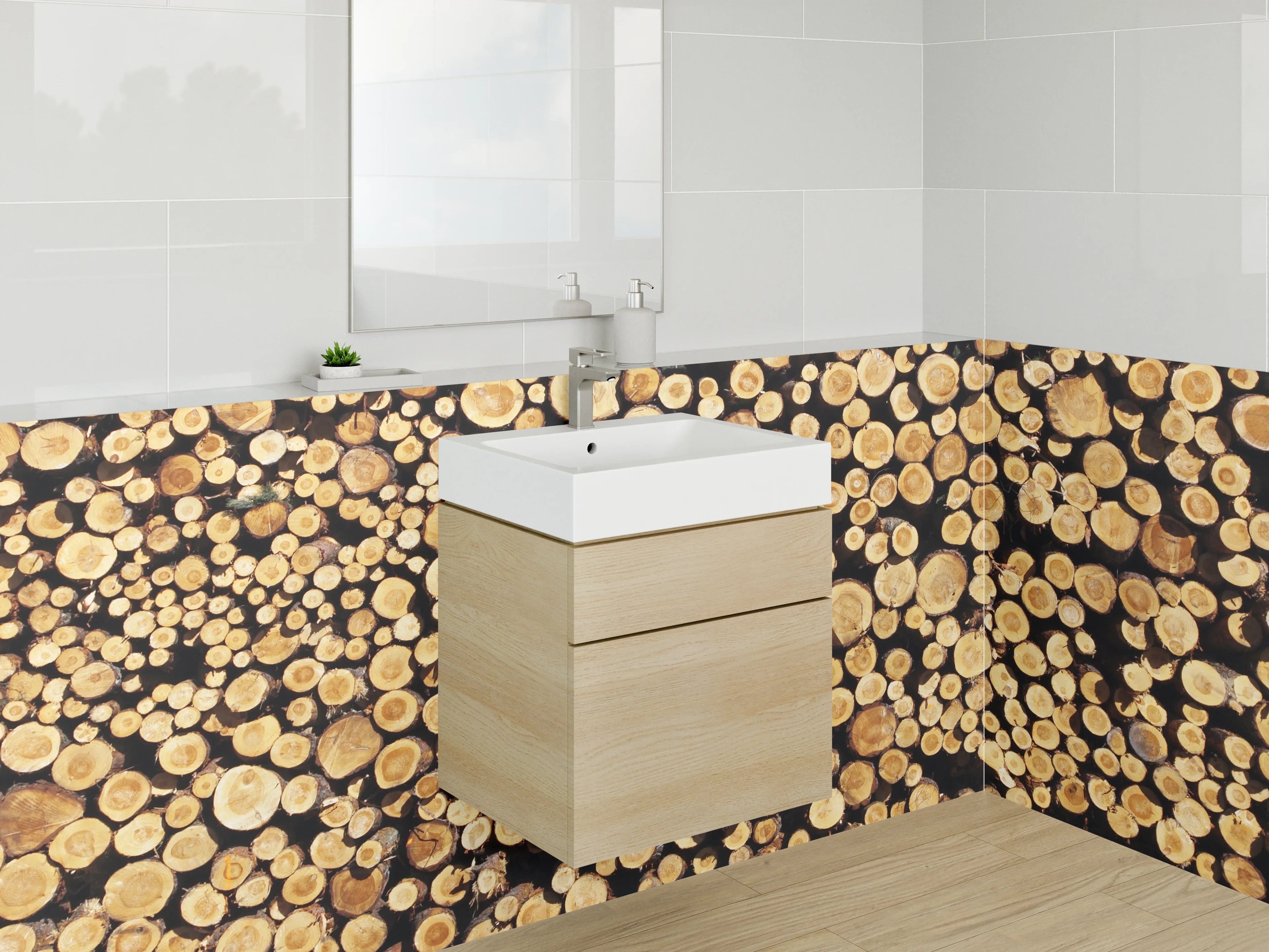 Waschbecken-Rückwand - Holzstämme in warmen Tönen
