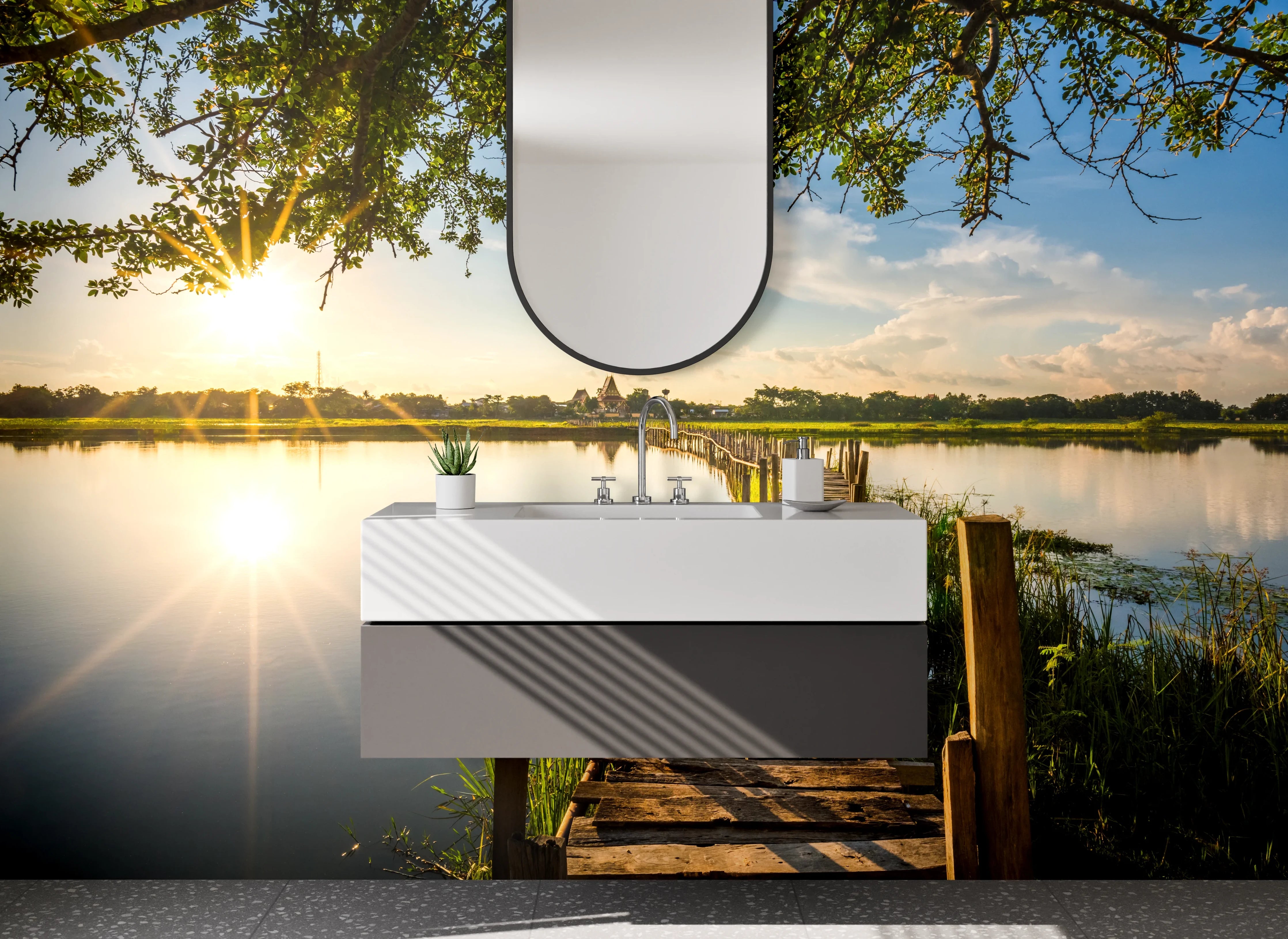 Waschbecken-Rückwand - Holzsteg am ruhigen See – Sonnenuntergang