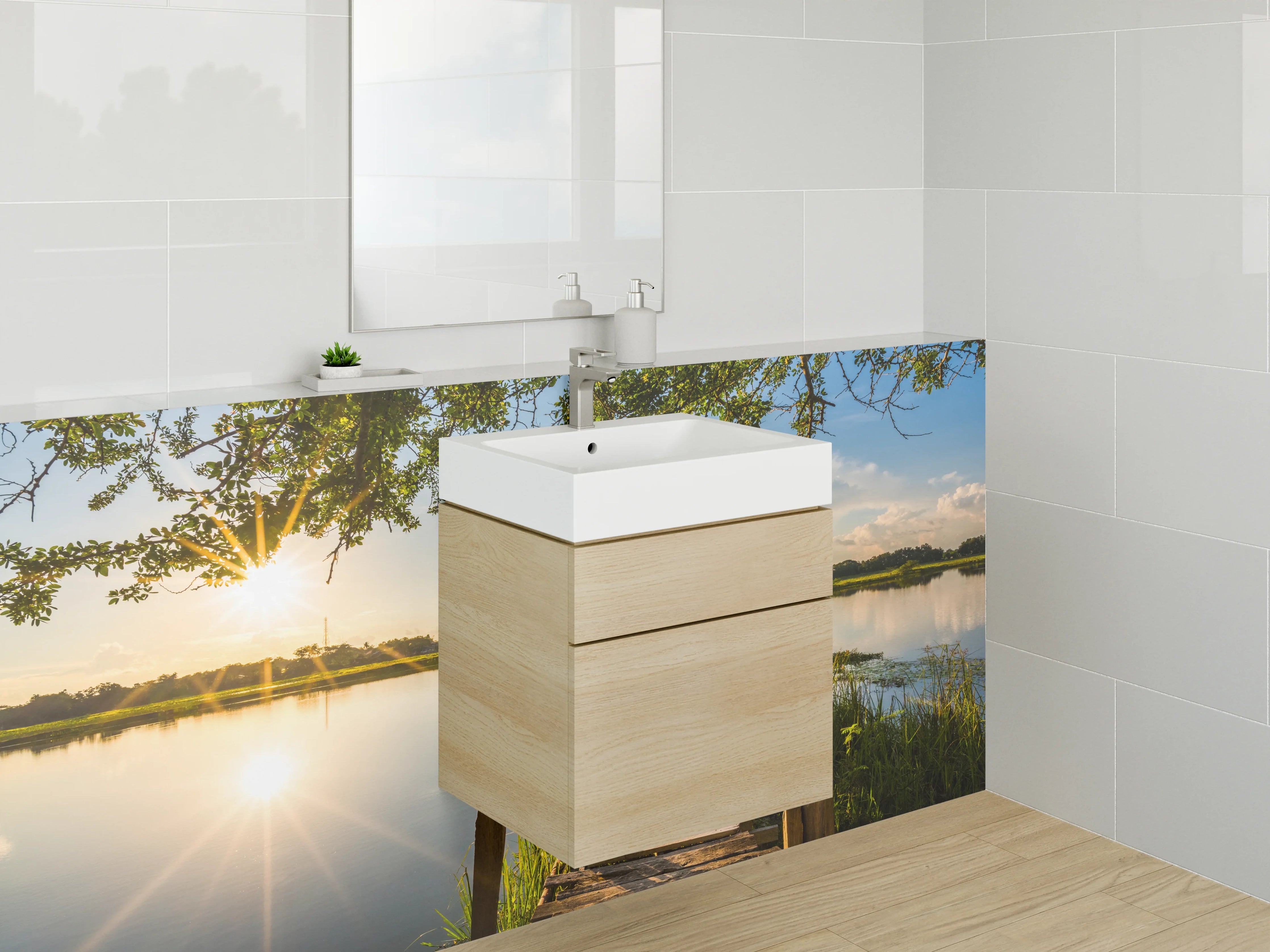 Waschbecken-Rückwand - Holzsteg am ruhigen See – Sonnenuntergang