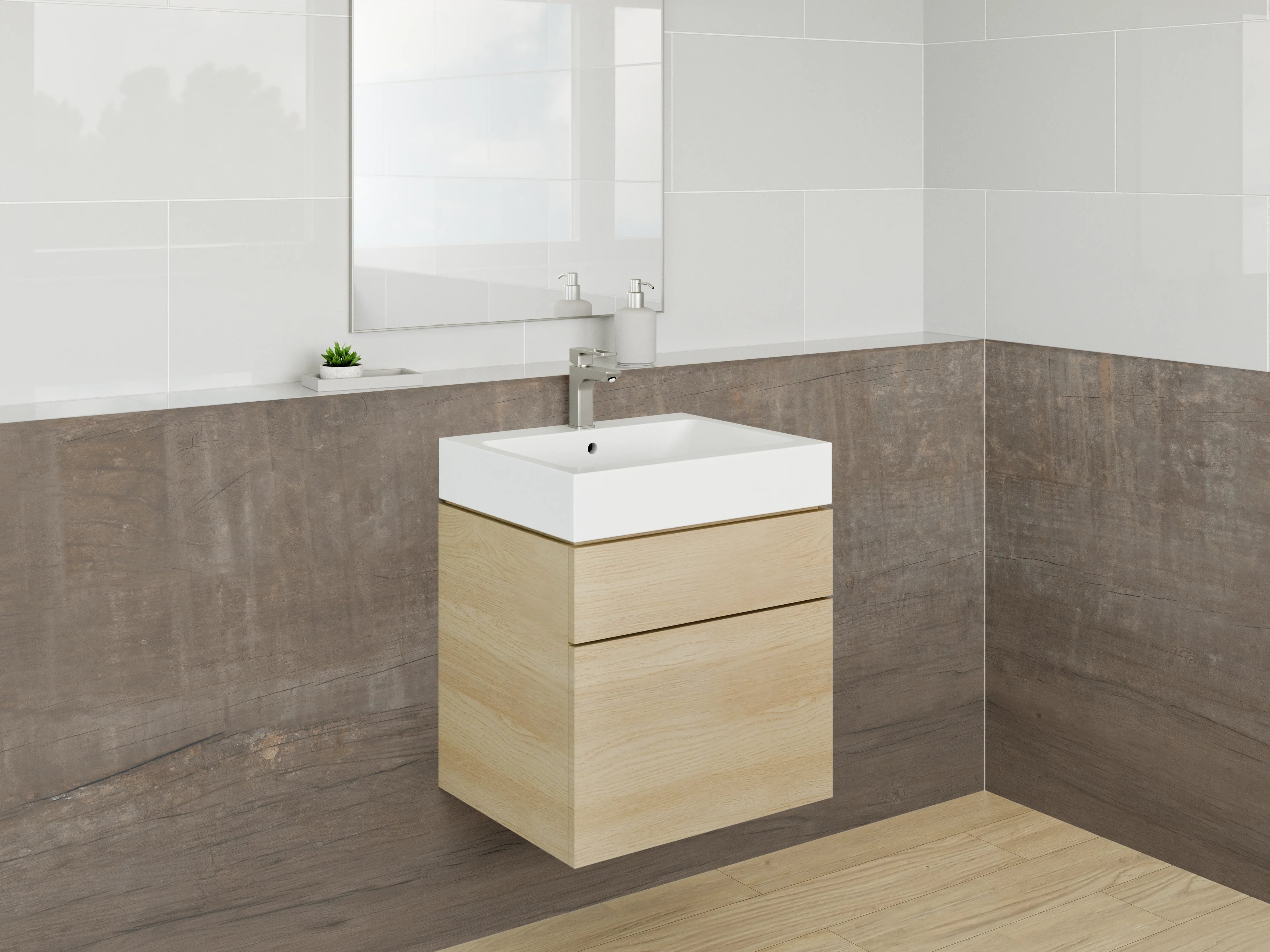 Waschbecken-Rückwand - Holzstruktur mit warmen Braun- und Beigetönen