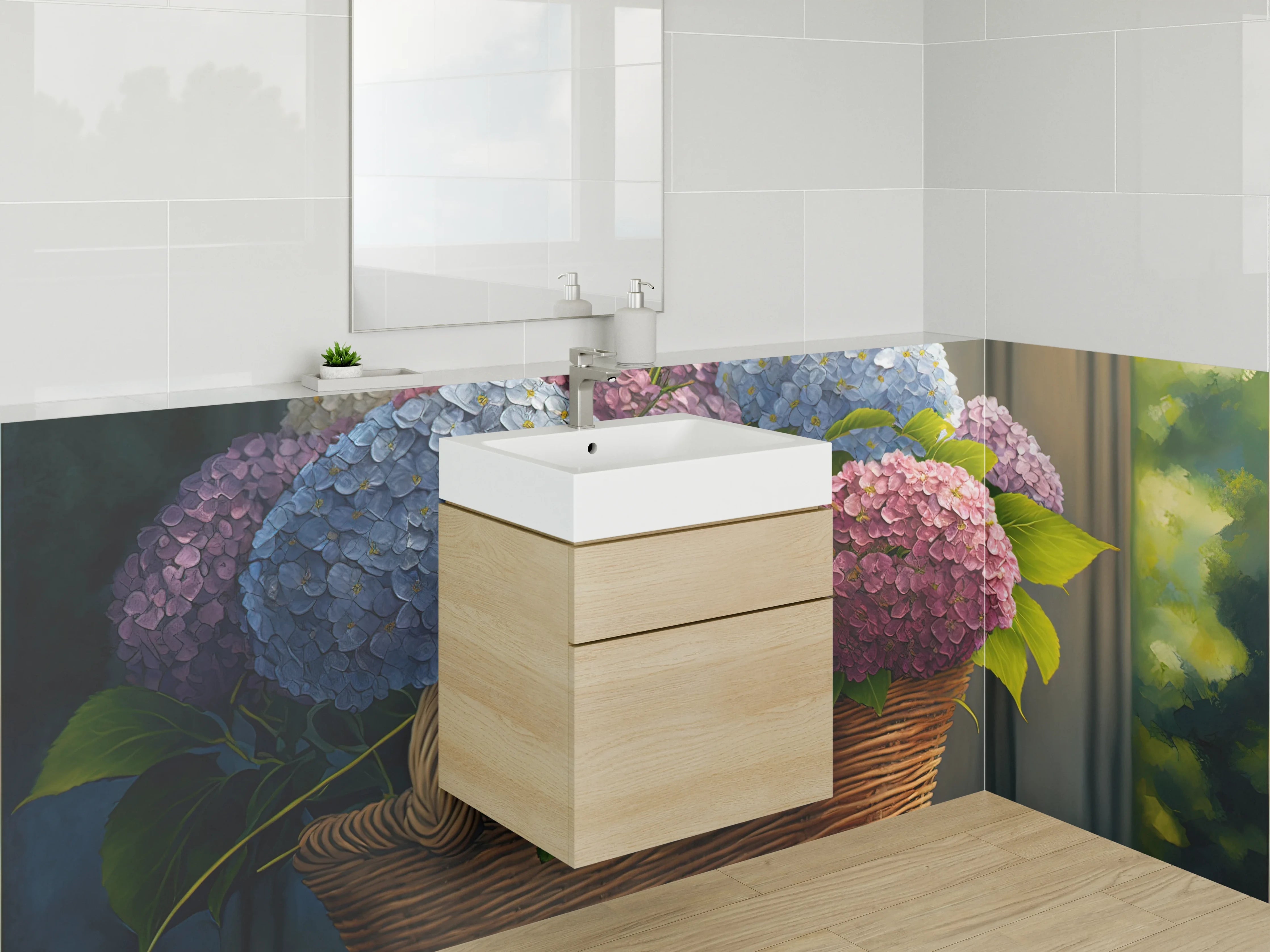 Waschbecken-Rückwand - Hortensien Korb Blumenpracht