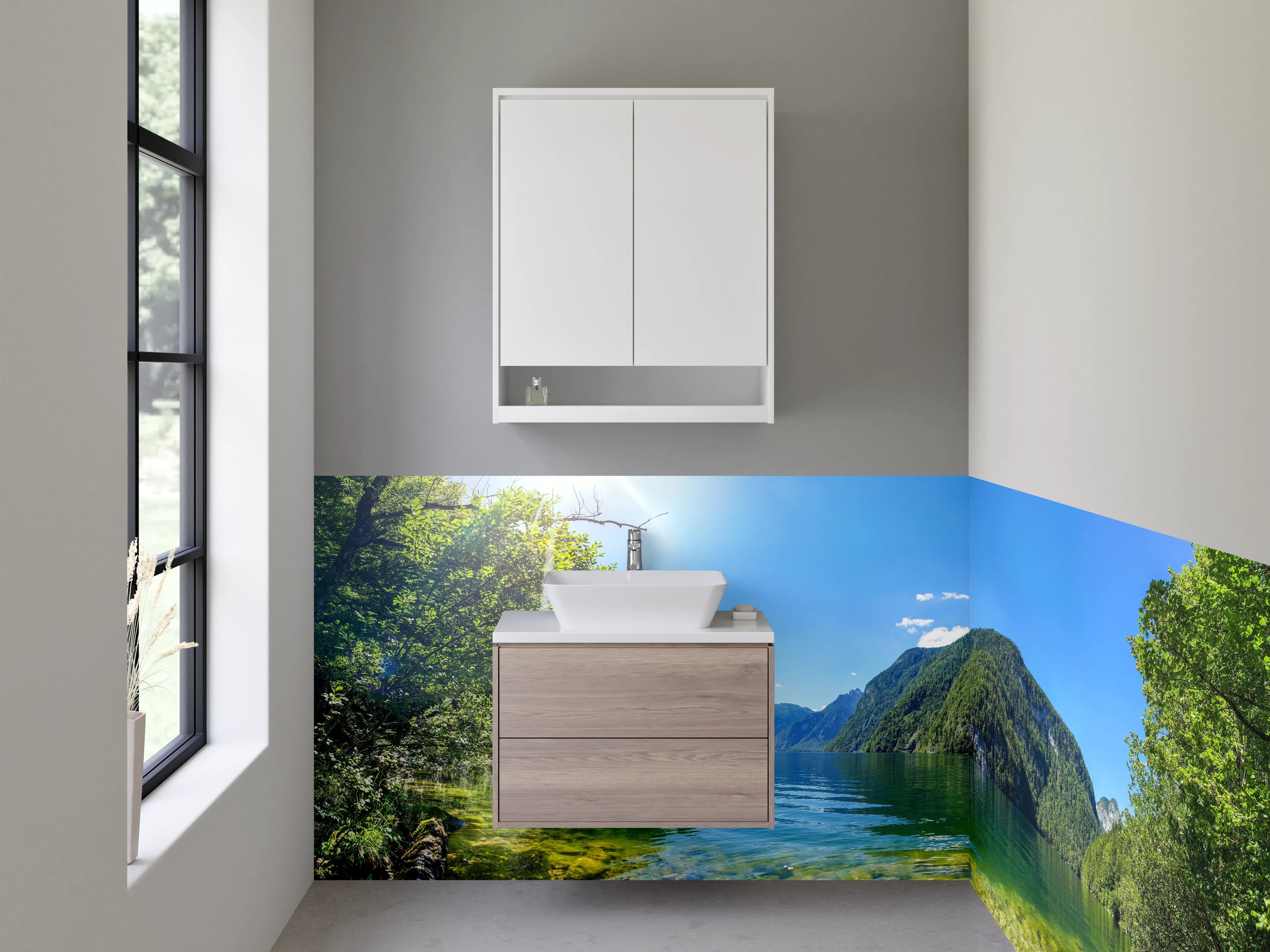 Waschbecken-Rückwand - Idyllischer See inmitten grüner Natur