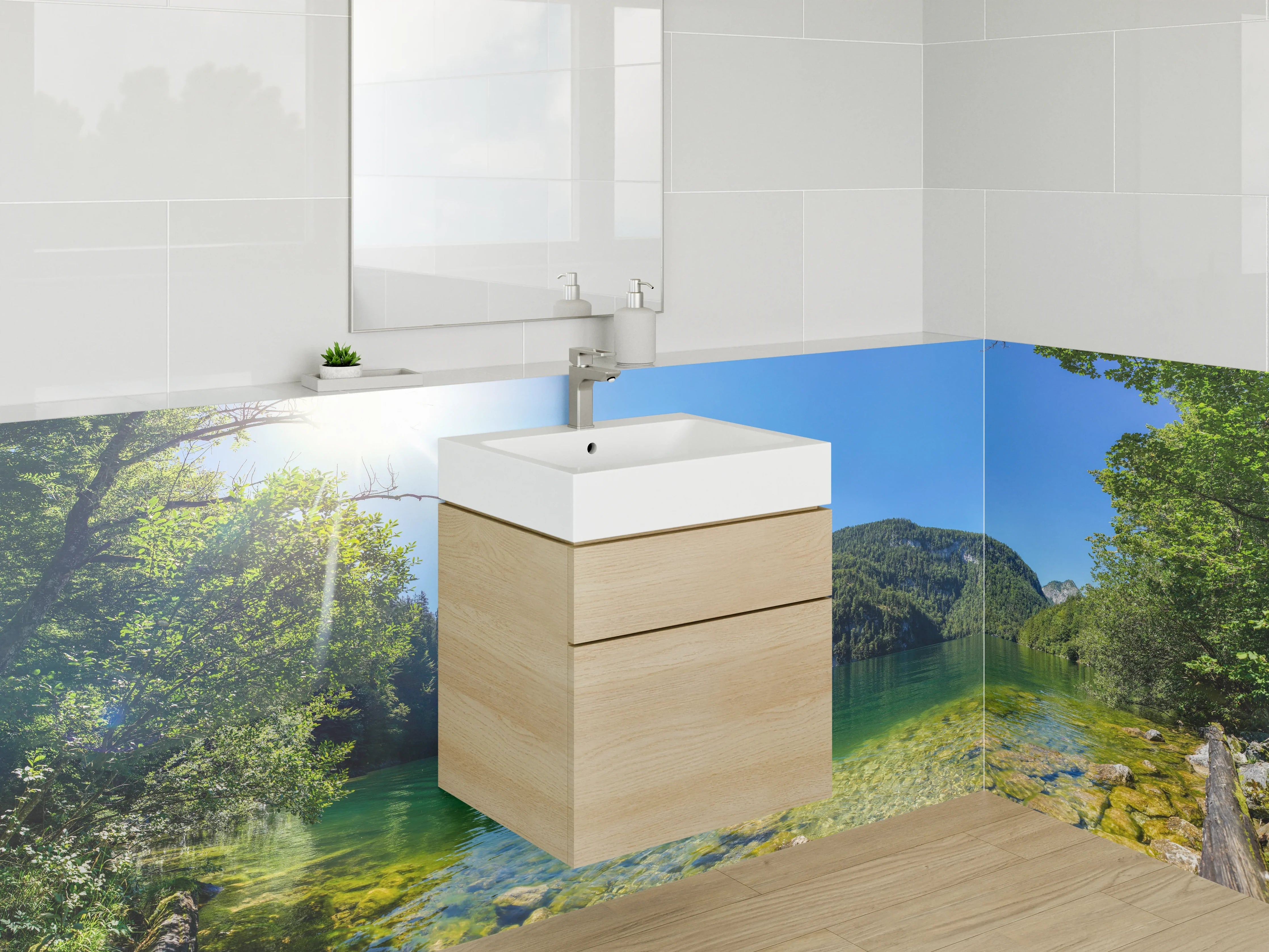 Waschbecken-Rückwand - Idyllischer See inmitten grüner Natur