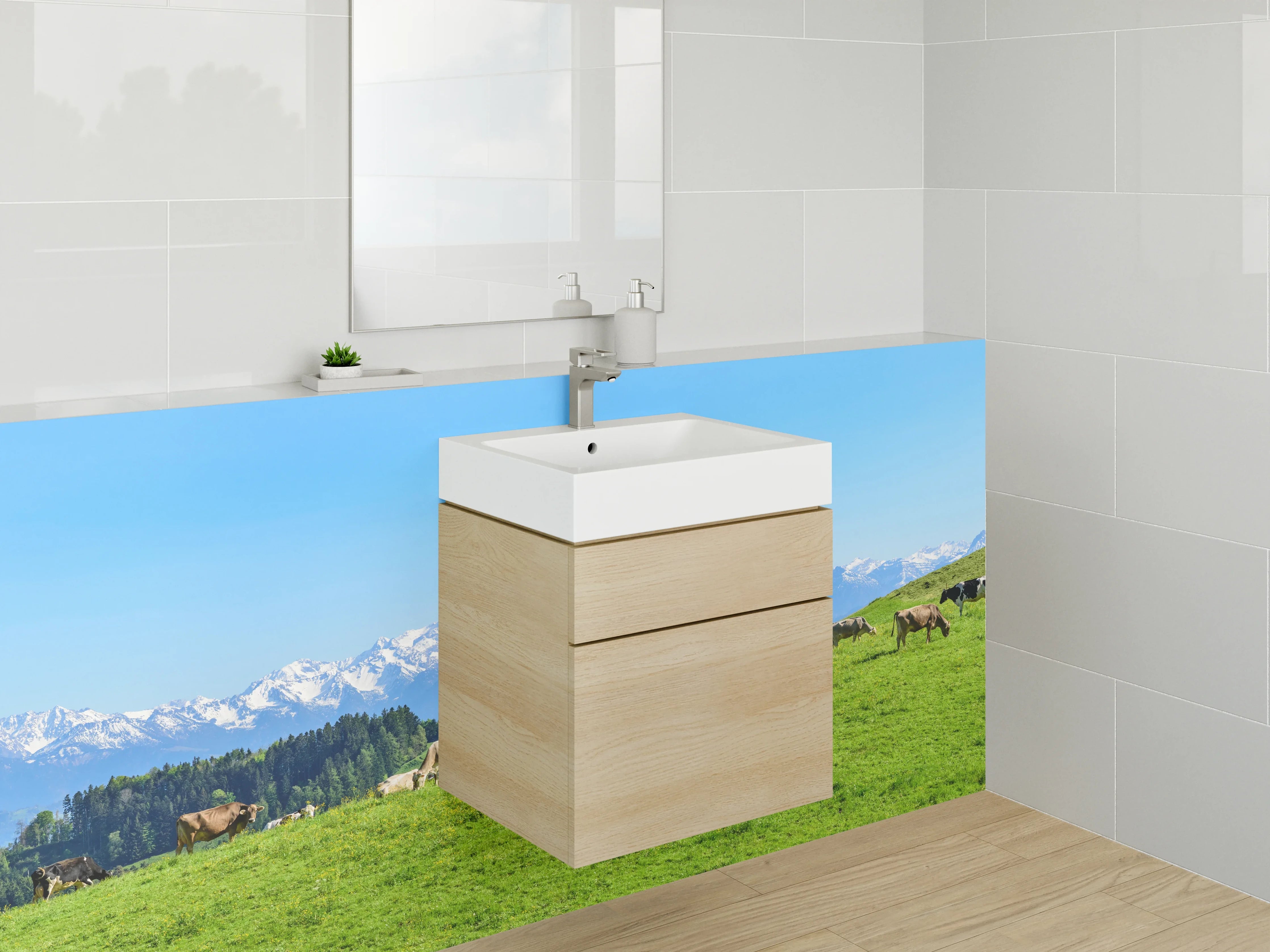 Waschbecken-Rückwand - Idyllisches Kuhweide-Motiv vor Alpenhintergrund
