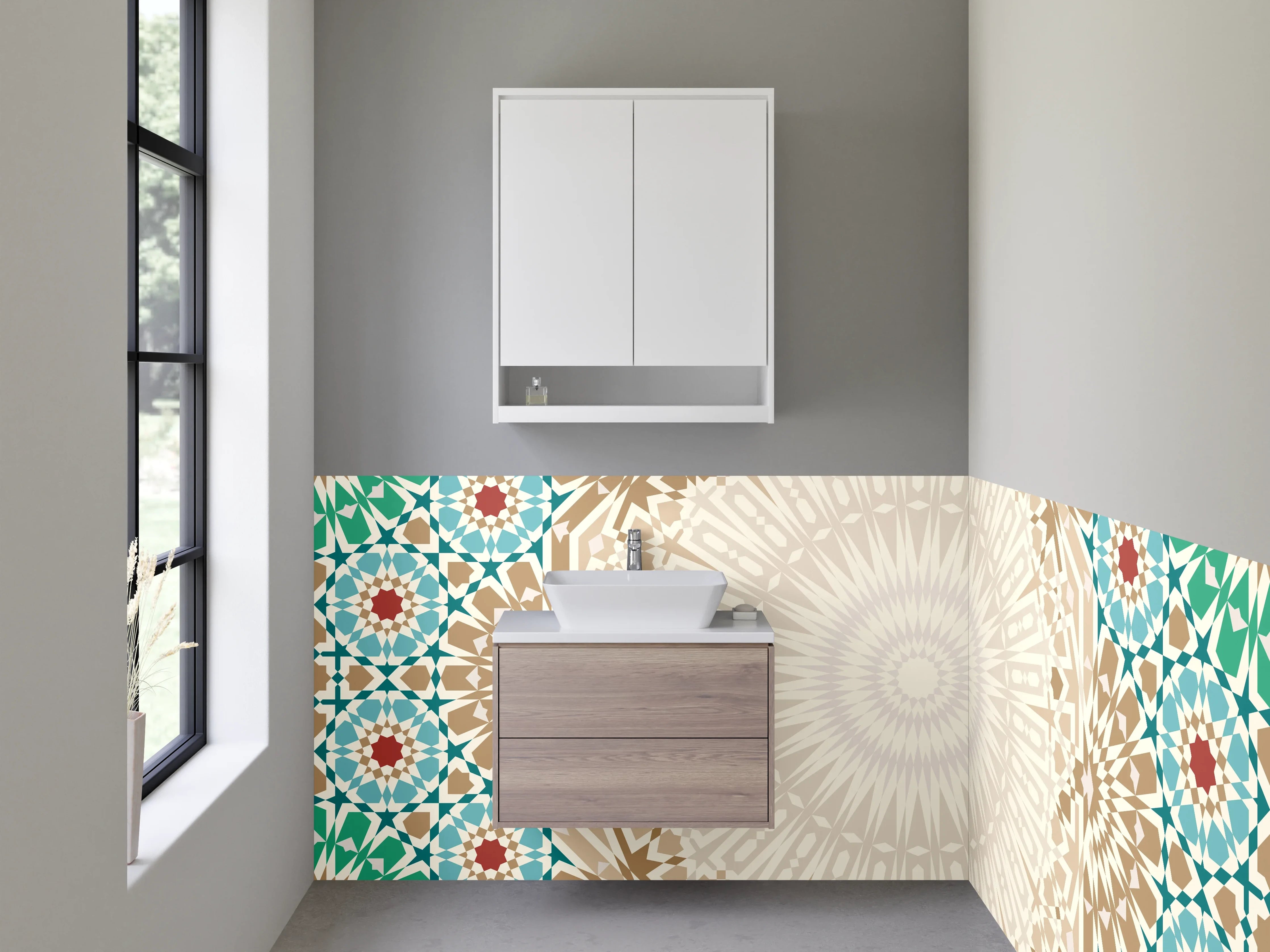 Waschbecken-Rückwand - Islamisches Mosaik mit geometrischem Muster in Türkis und Beige